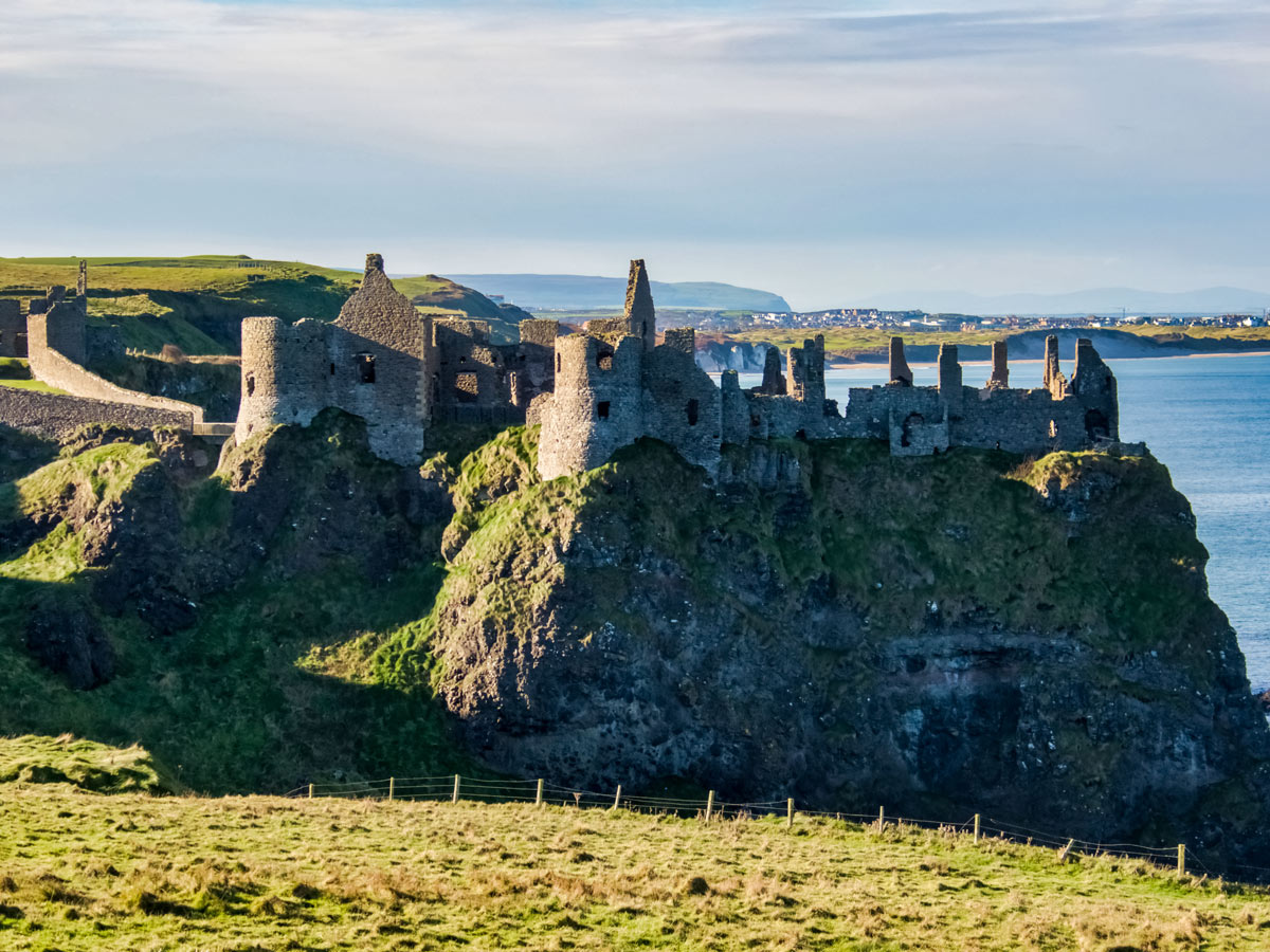 Dunluce castle ruins on the coastal cliffs of Ireland