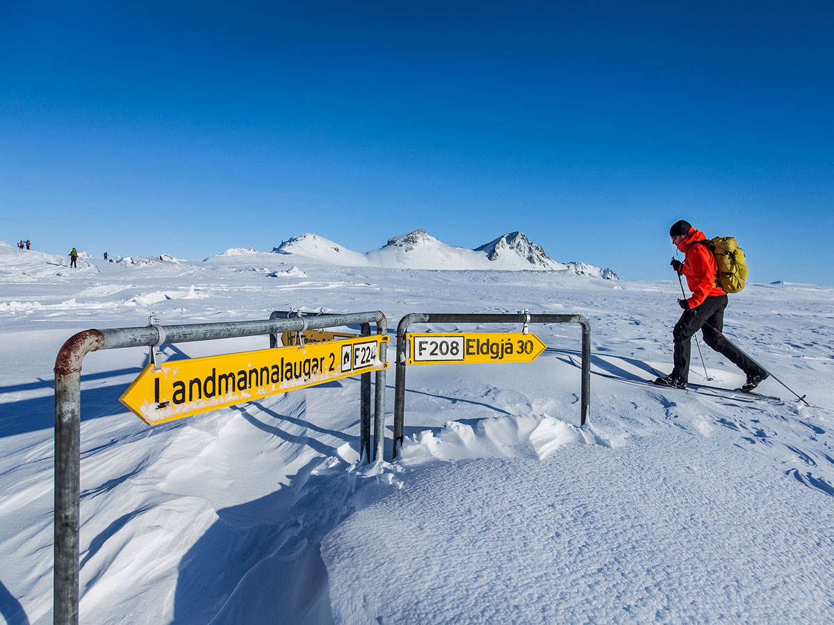 Signposts Landmannalaugar cross country nordic ski trek
