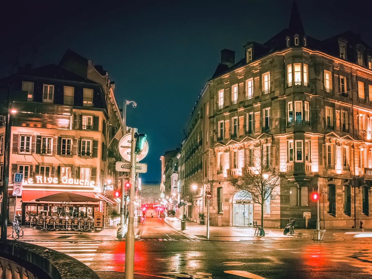 Downtown Strasbourg night city lights exploring wine route Alsace France