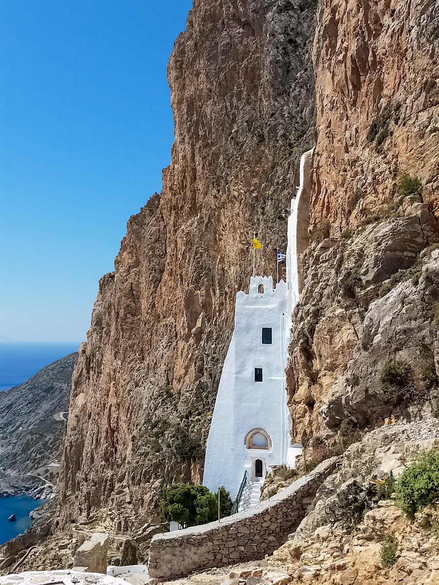 Cliff side castle church landmark hiking walking Amorgos Greece