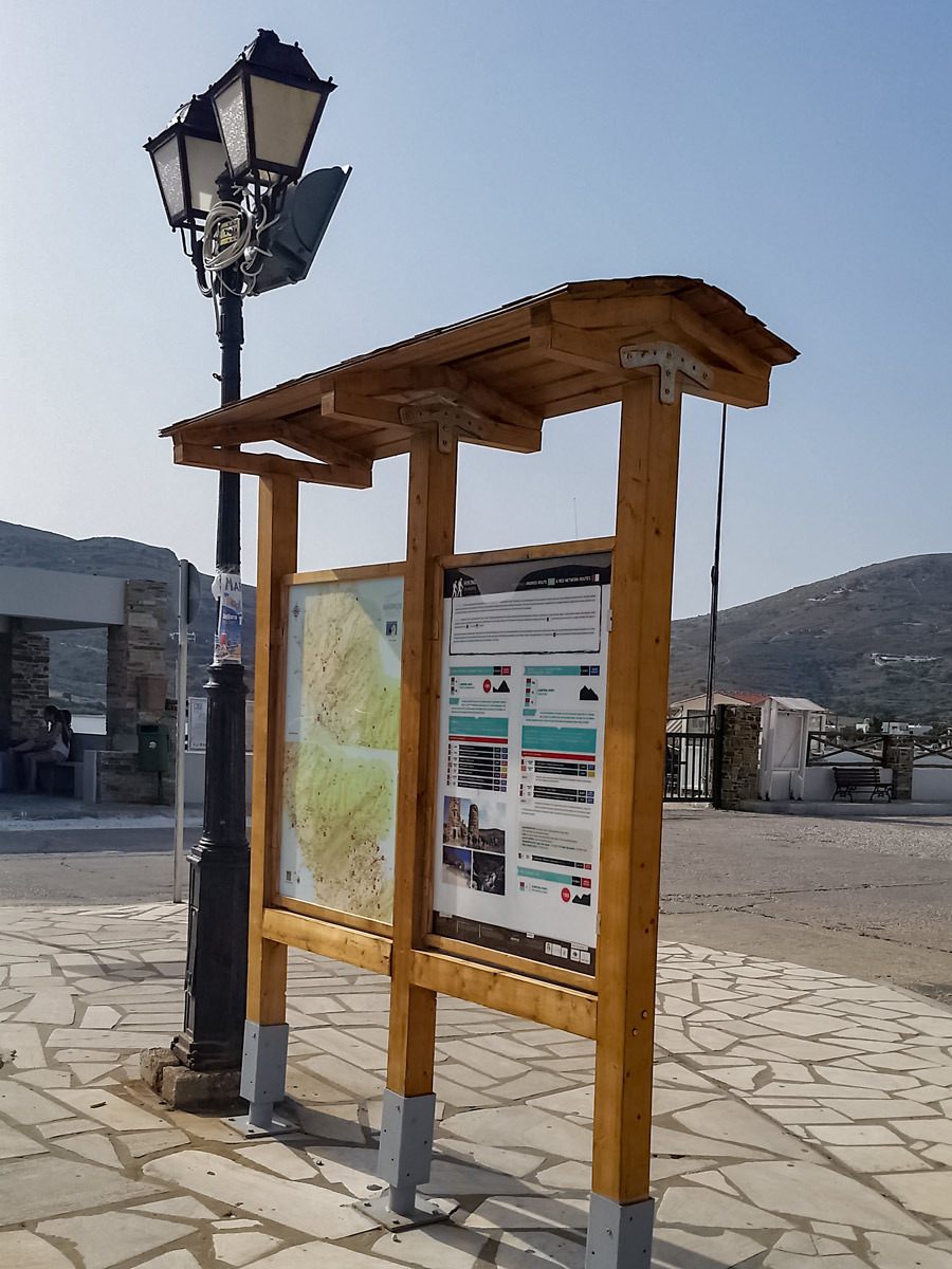 Sign post in Gavrio port Andros pilgrimage Greece