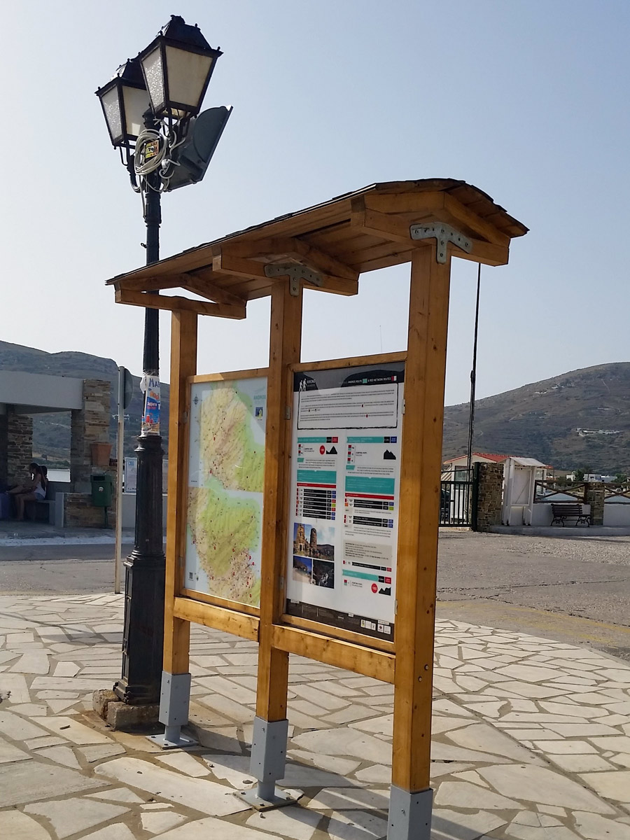 Sign post in Gavrio port andros tinos walking exploring Greece