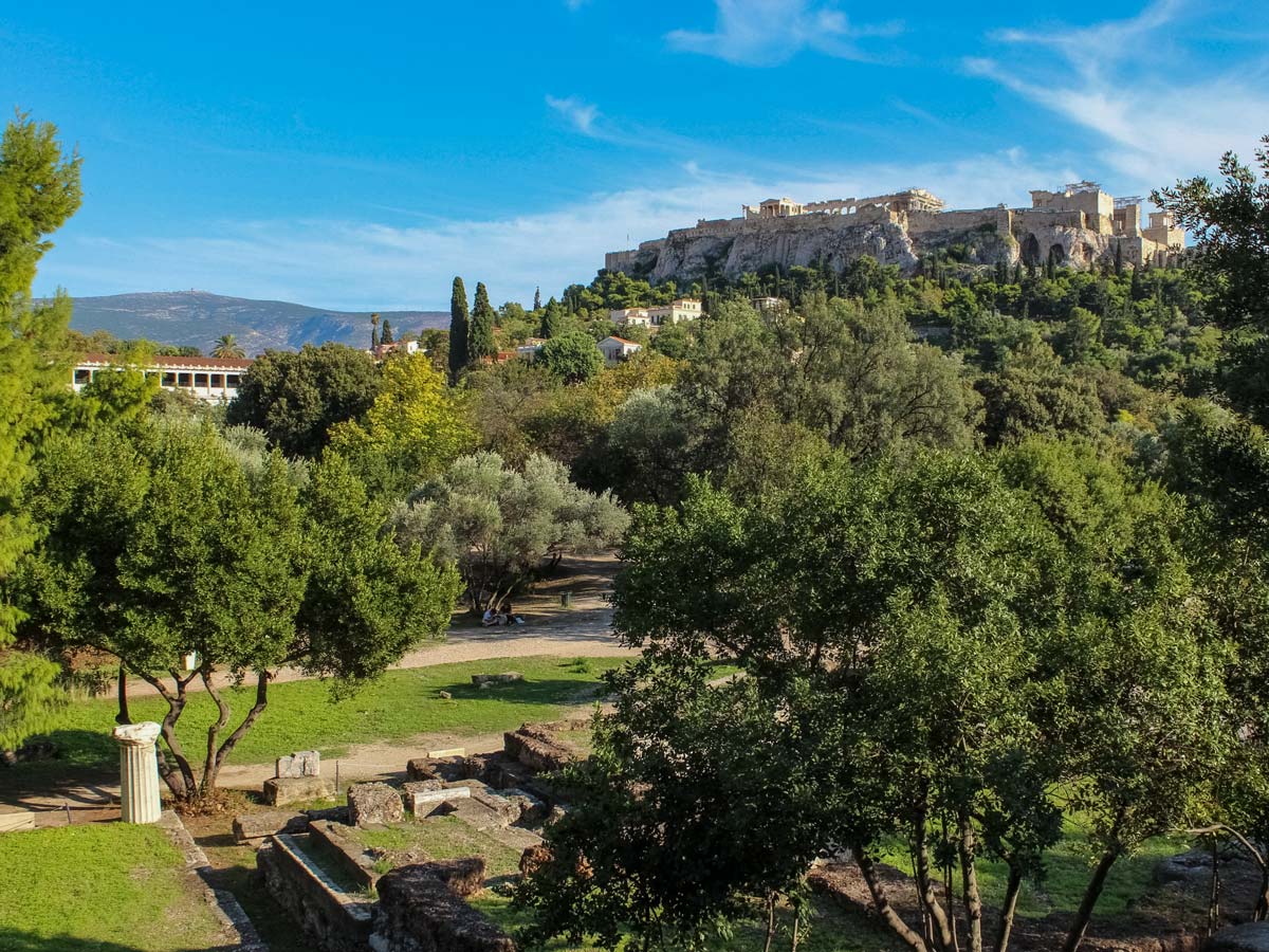 Ancient ruins above gardens Cycling tour Athens Poros Egina Greece