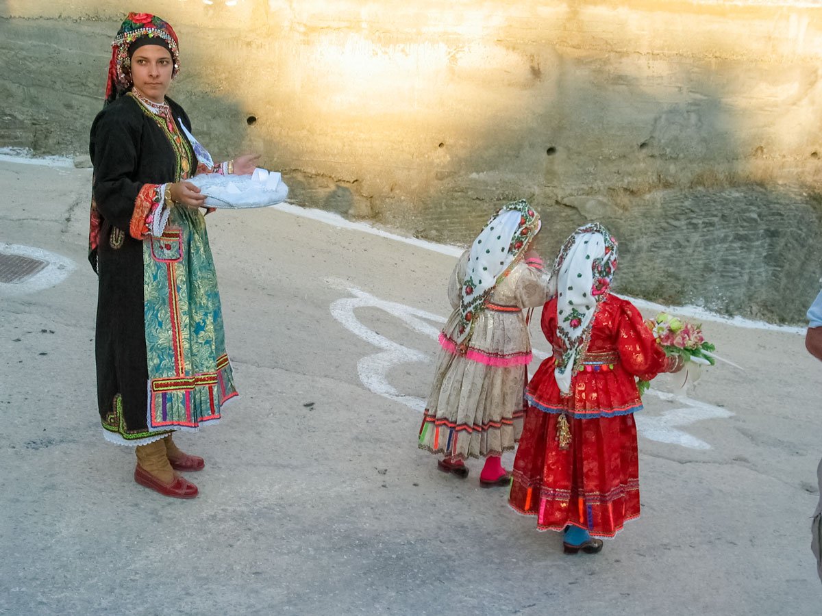 Traditional Greek ceremony outfit costumes walking hiking tour Karpathos Greece