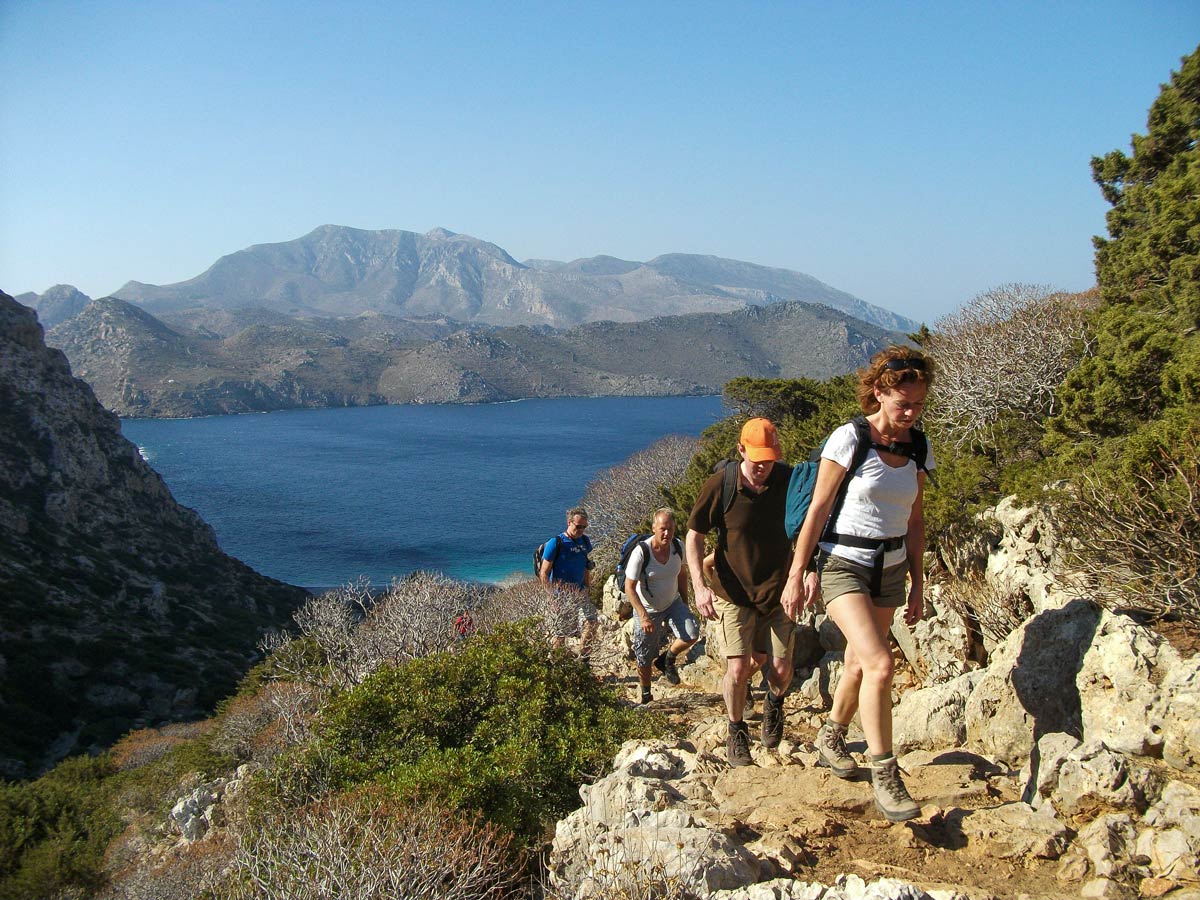 Sunny mountain mediterranean walking hiking tour Karpathos Greece