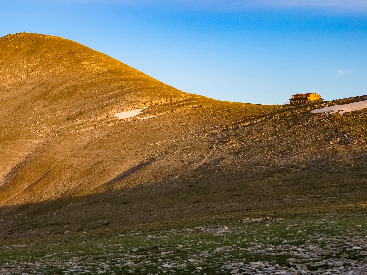 Remote mountain lodge hut station hiking Mount Olympos trekking adventure northern Greece