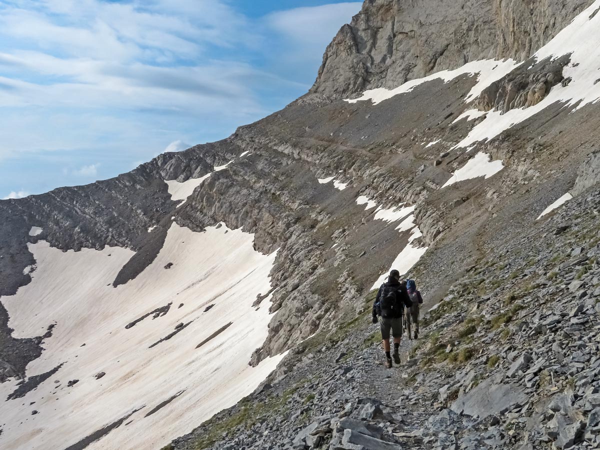 Hikers climbing Mount Olympos trekking adventure northern Greece