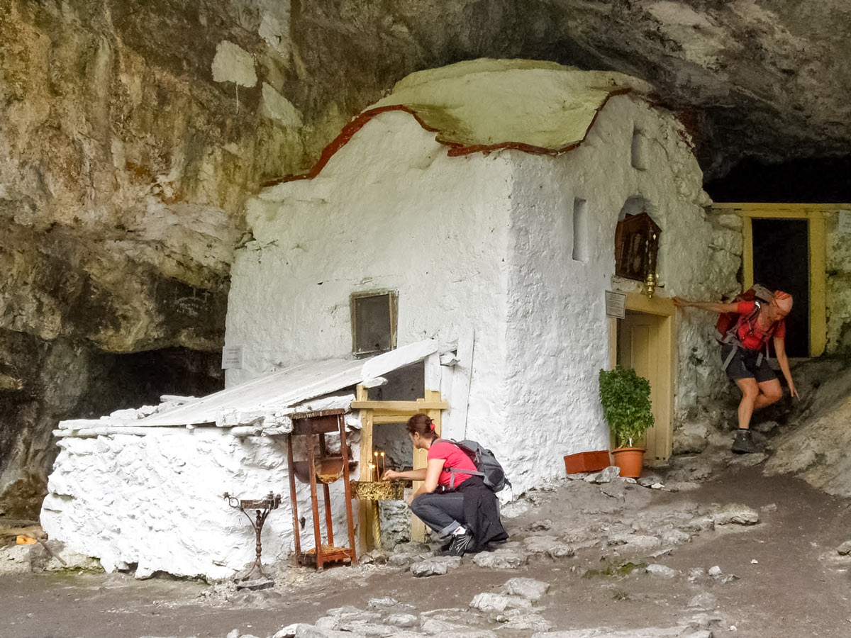 Hidden cave shrine church monument Mount Olympos trekking adventure northern Greece
