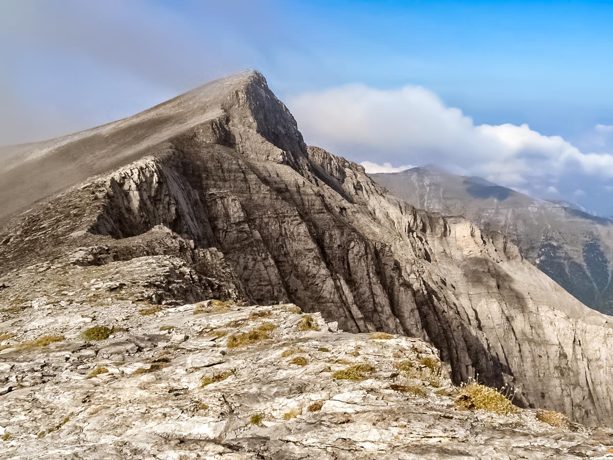 Fog cloudy peak summit Mount Olympos trekking adventure northern Greece
