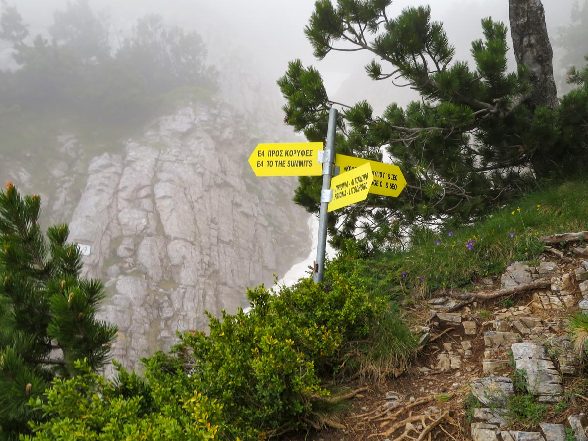 Hiking mountain signposts duidelijke richtingborden Litochoro Olympus hike Greece