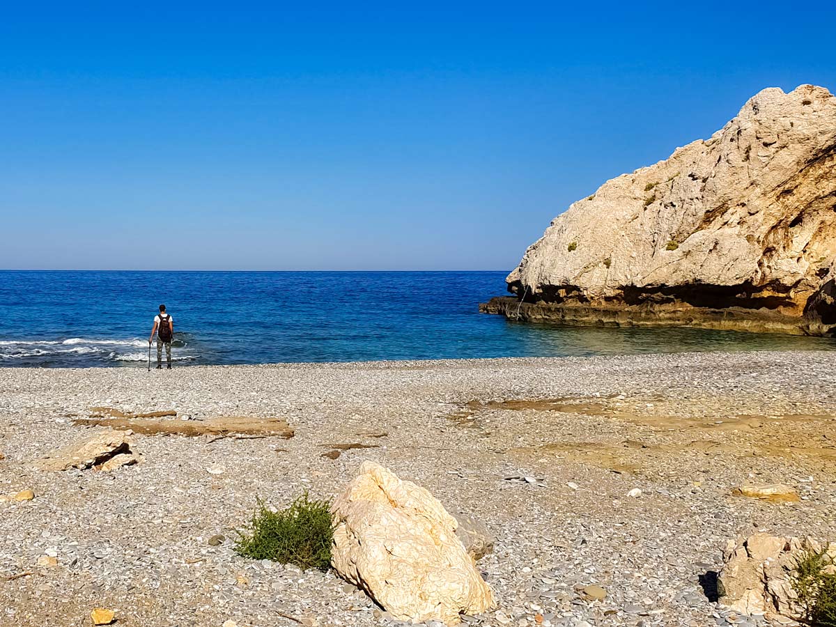 Beautiful rocky mediterranean beach Samos Island Greece walking tour