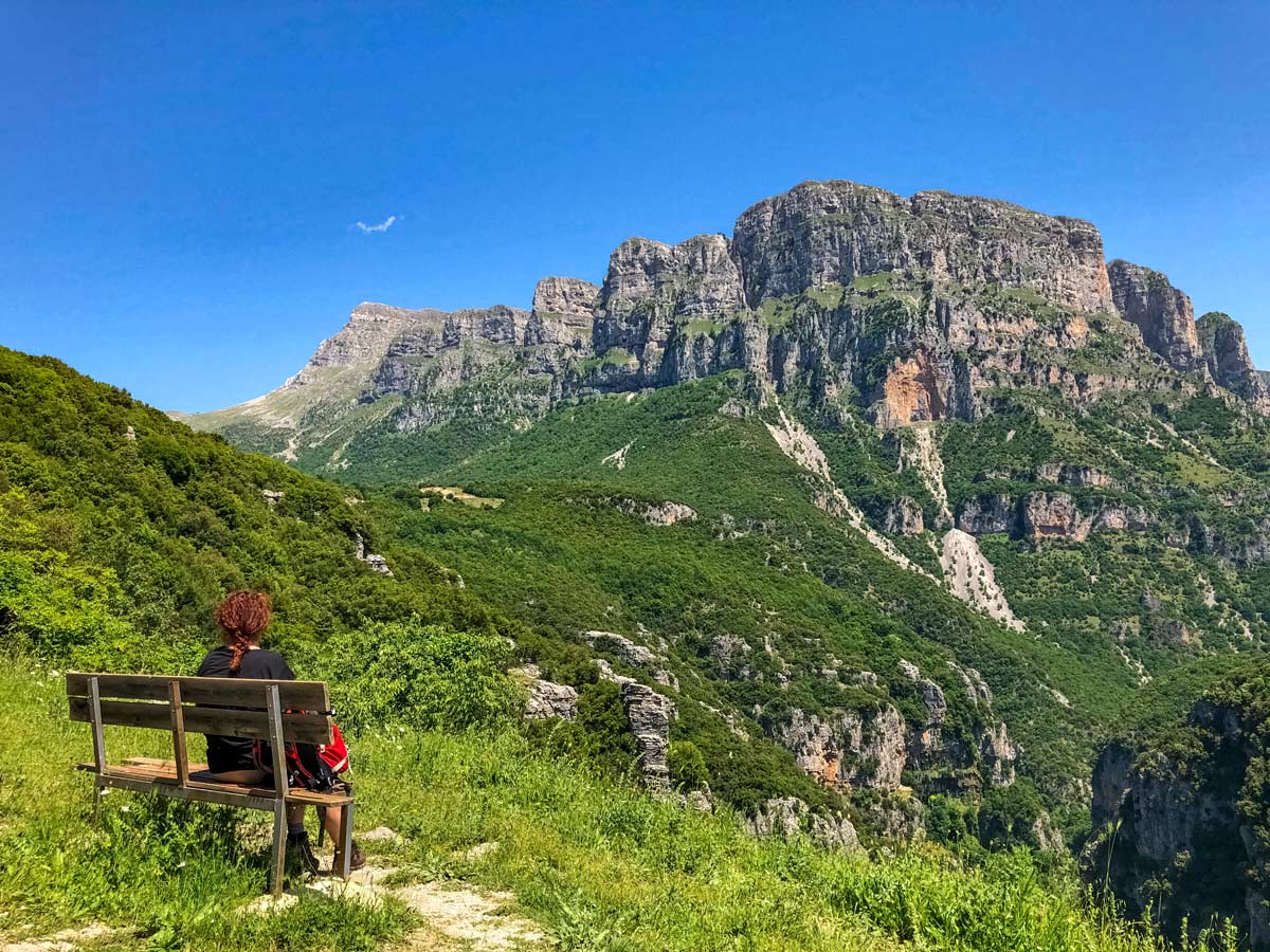 Admiring view Bankje hiking Zagori Vikos Gorge Greece