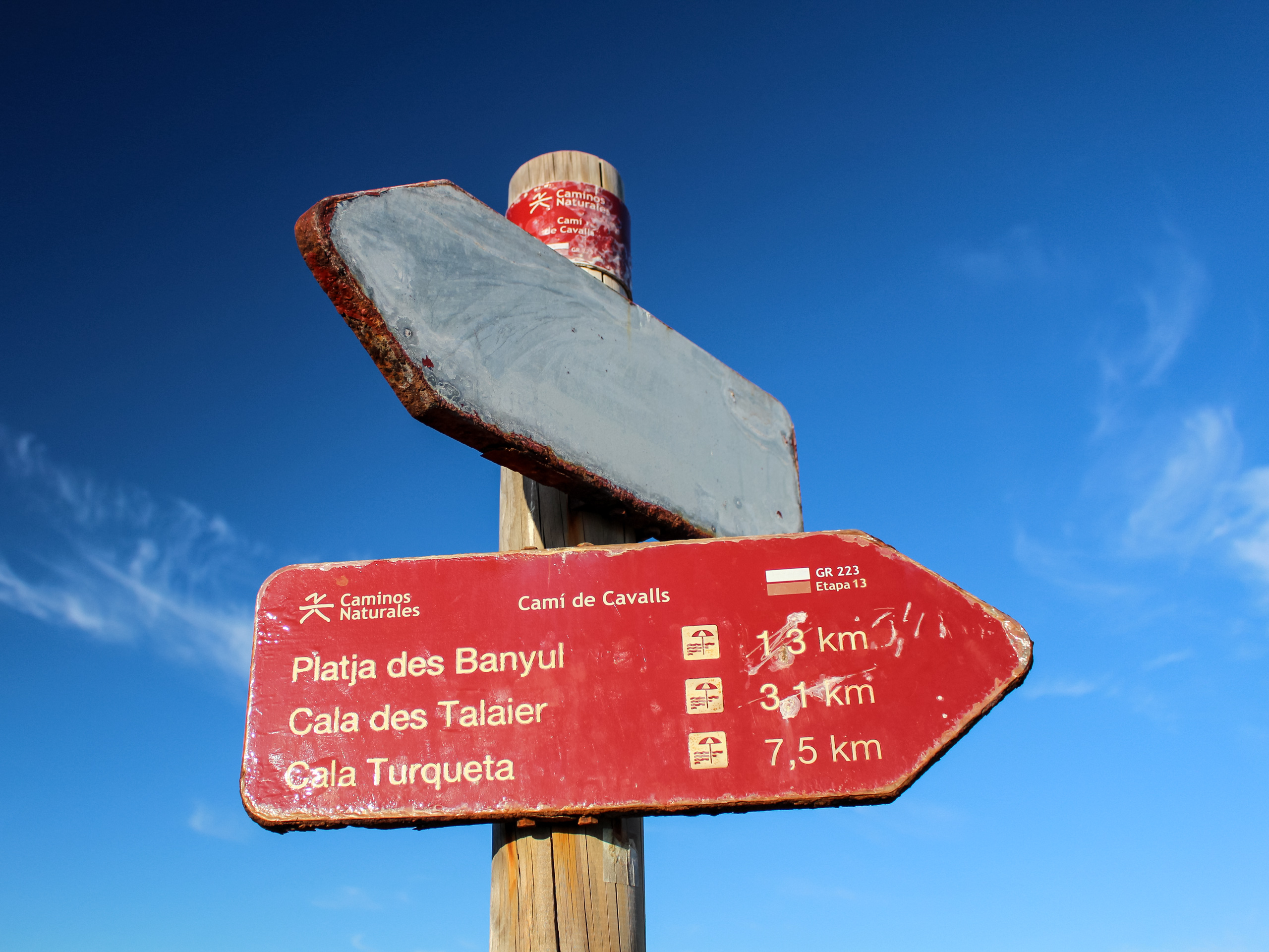 Signpost hiking directions walking tour Menorca Spain