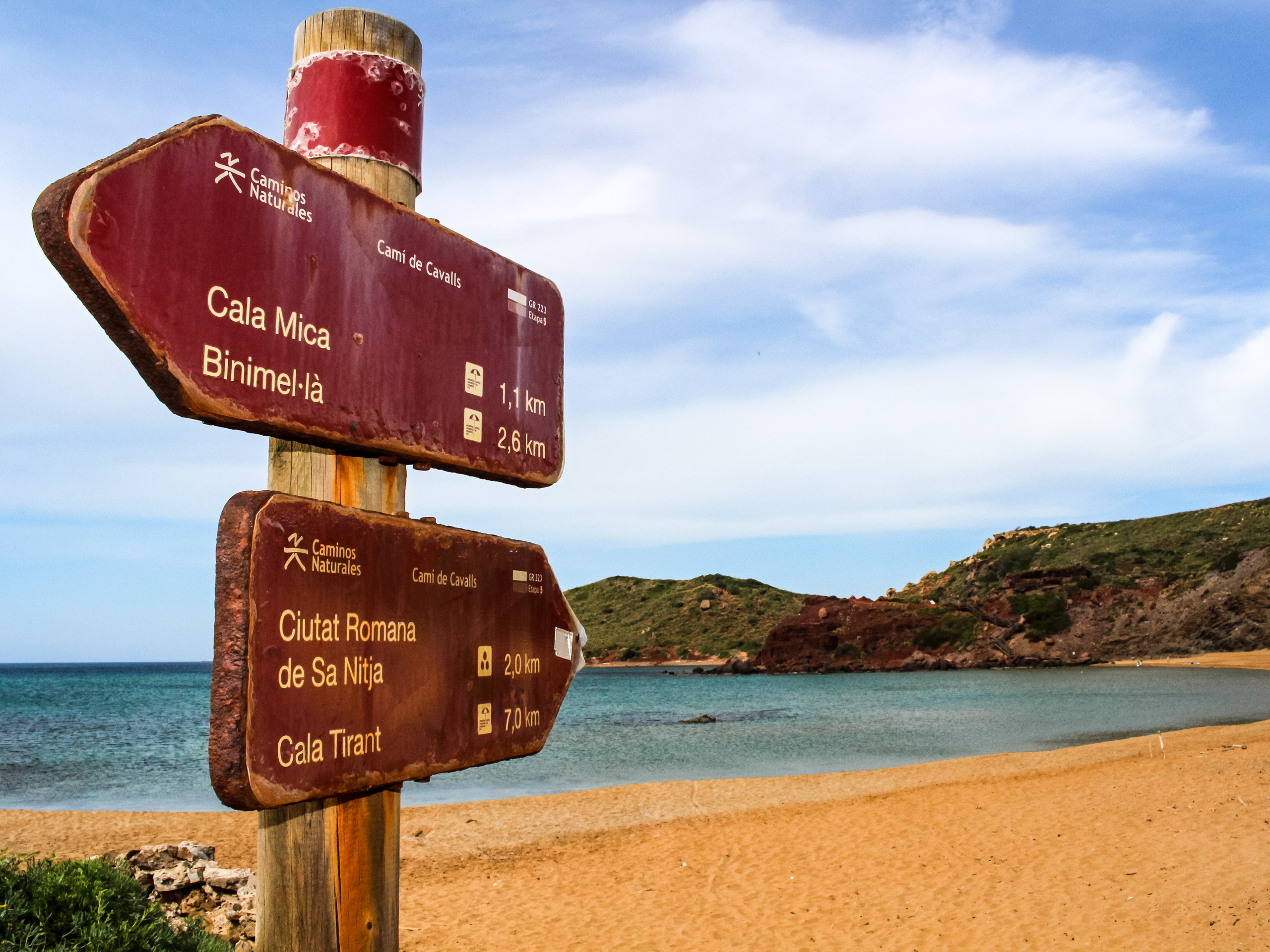 Signpost on the beach walking tour Menorca Spain