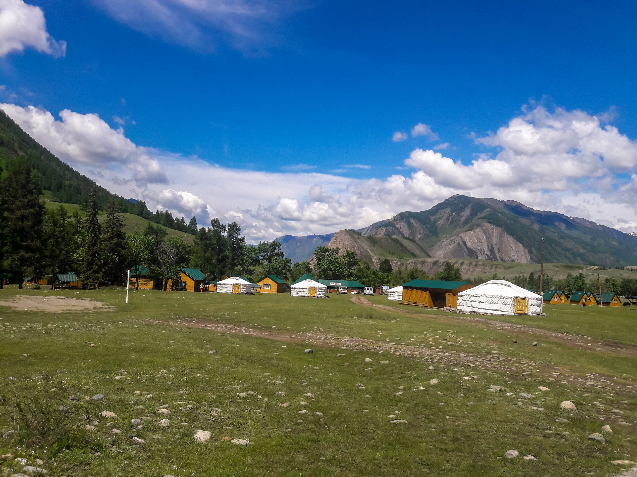 Basecamp of cabins and yurts in the valley Altai mountains Russia