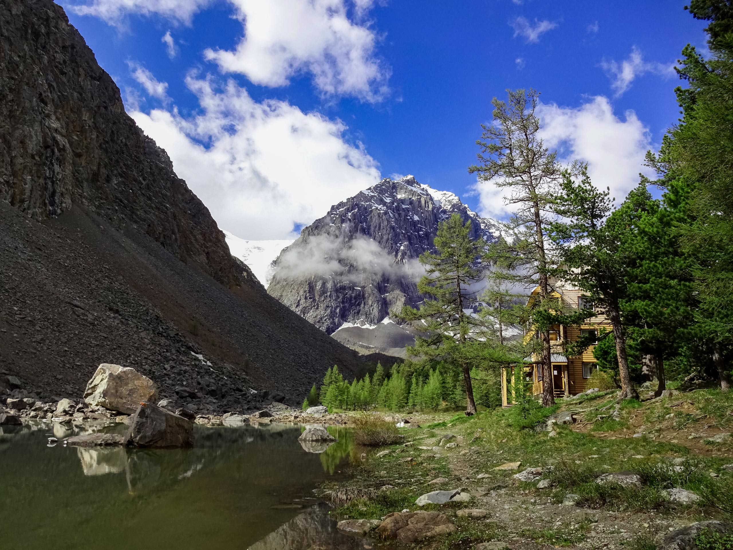 Alpine lake and cabin hidden in Altai mountains Russia