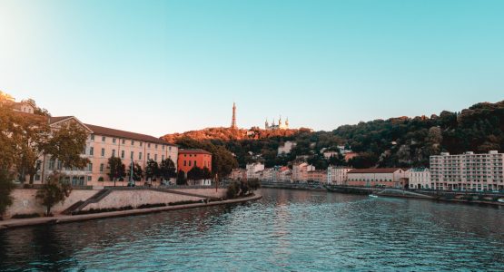 Sunset in the city over the river