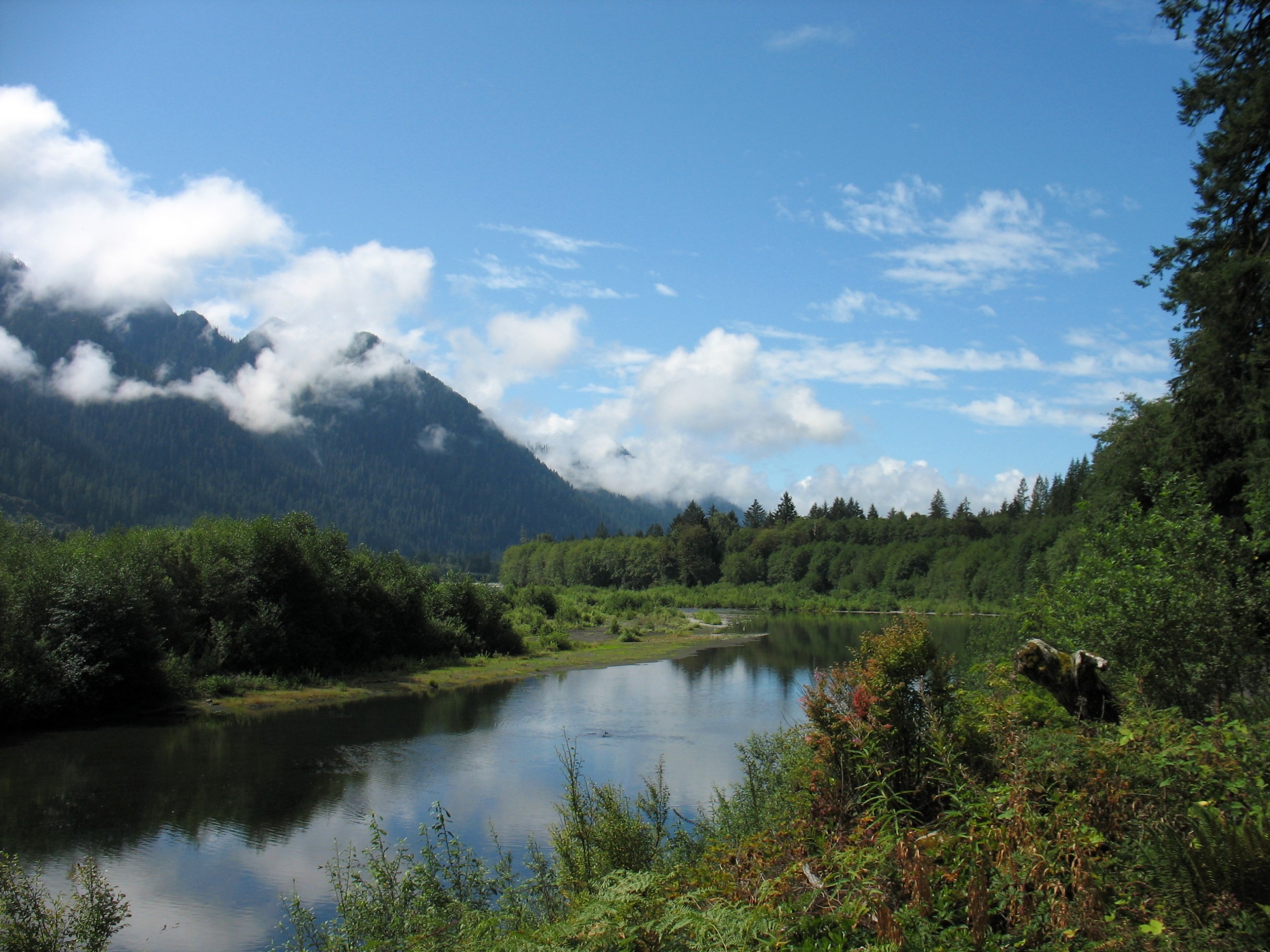 River, mountains and clouds at Olympic Peninsula