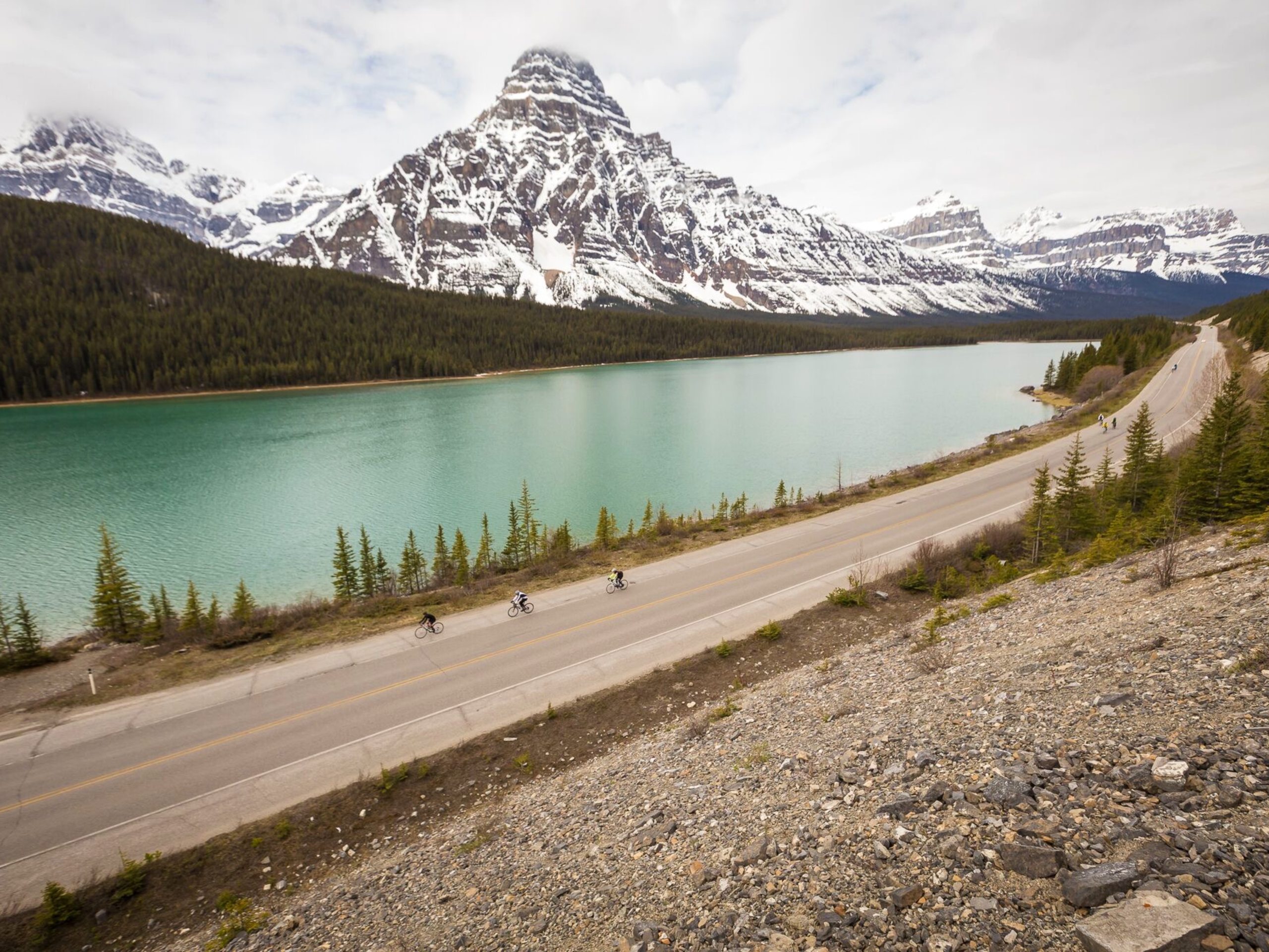 Bikers riding the Icefields Parkway in Alberta, Canada