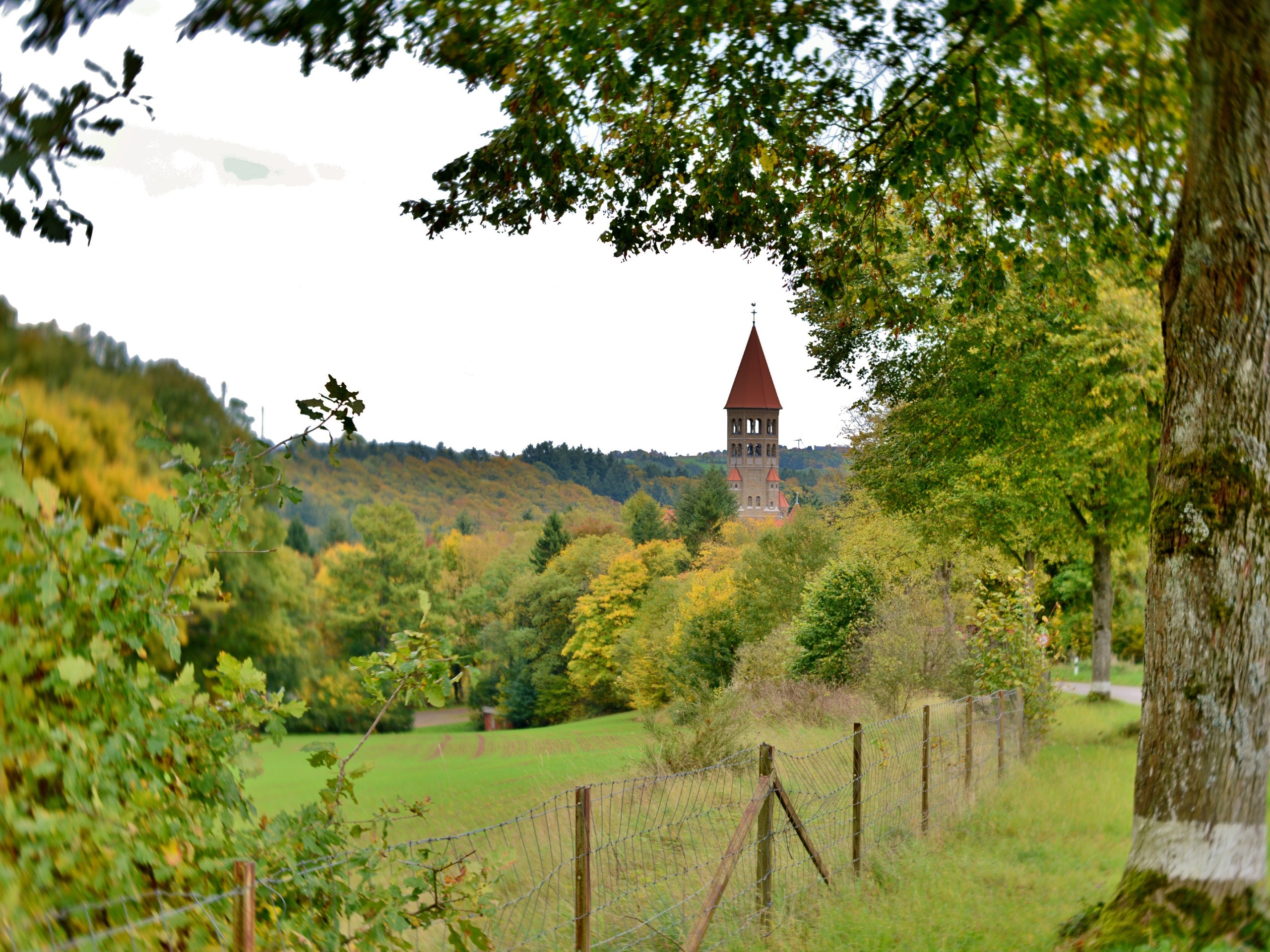 Green pastures and a church, seen in Belgium