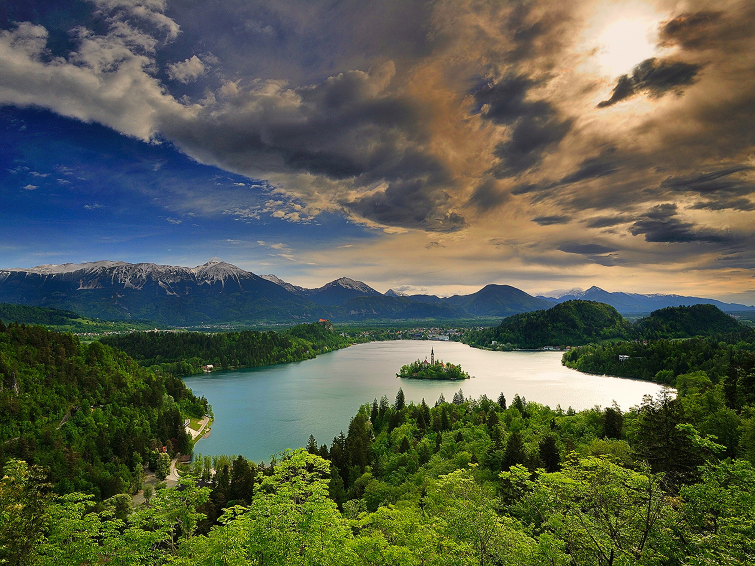 Sunset over Bled lake in Slovenia