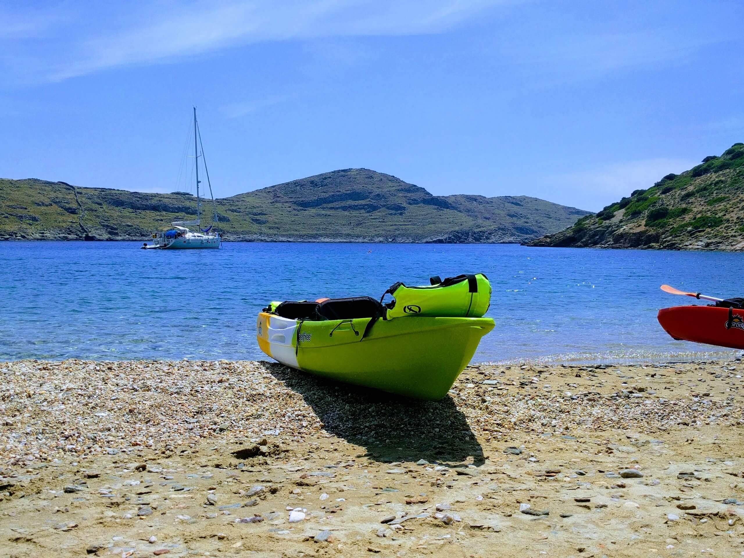 Green boat on the shores of Kythnos Island