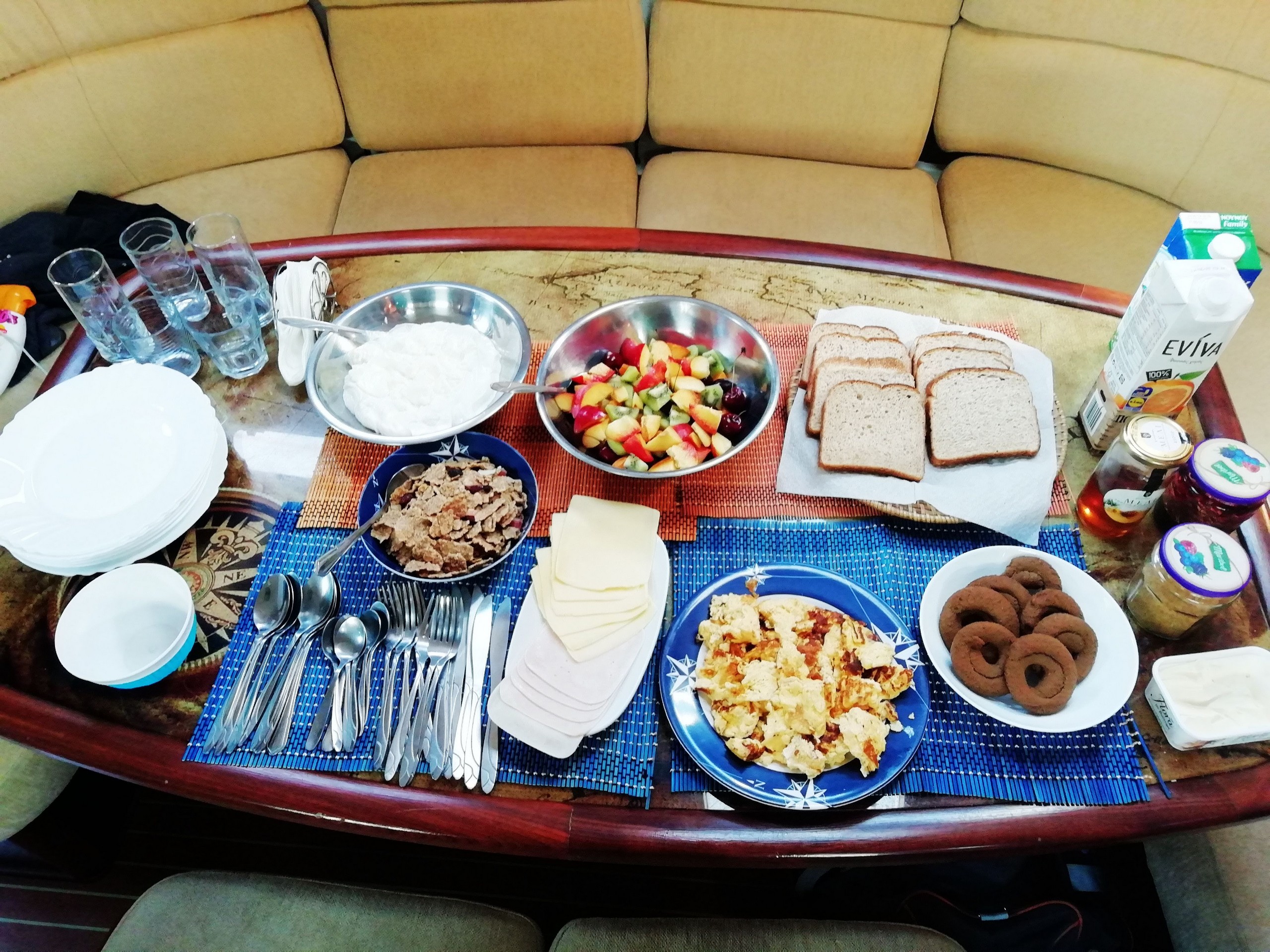 Midday brunch time on a sailing boat