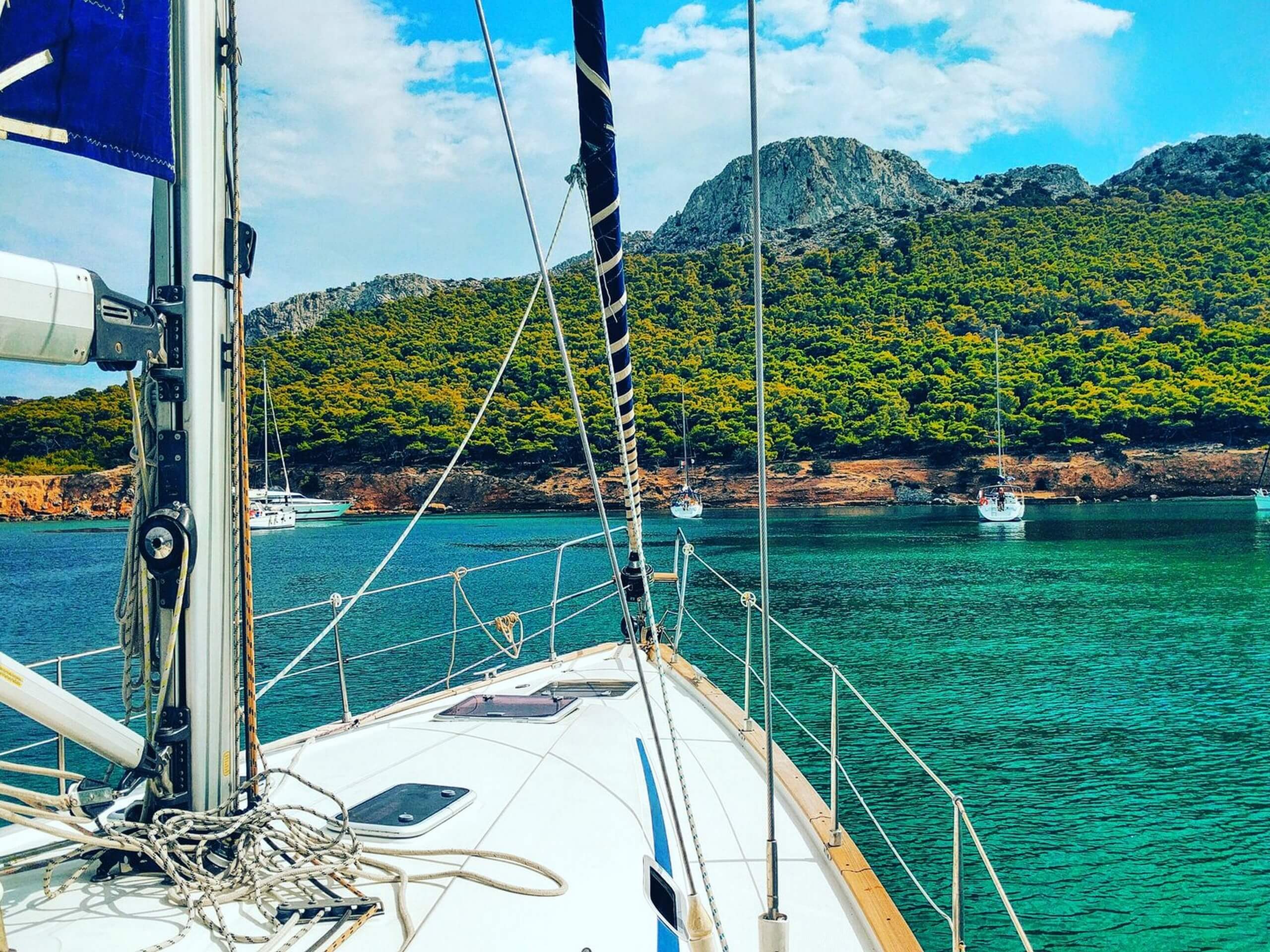 View from the sailboat near the shores of one of the small island of Saronics