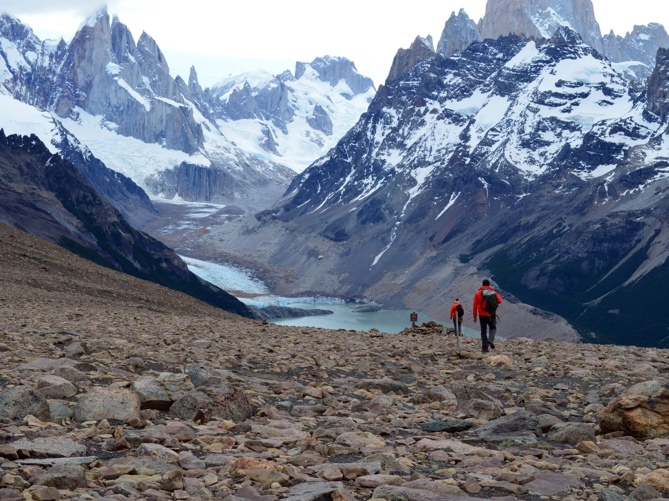 Group of hikers approaching the lakes in Patagonia