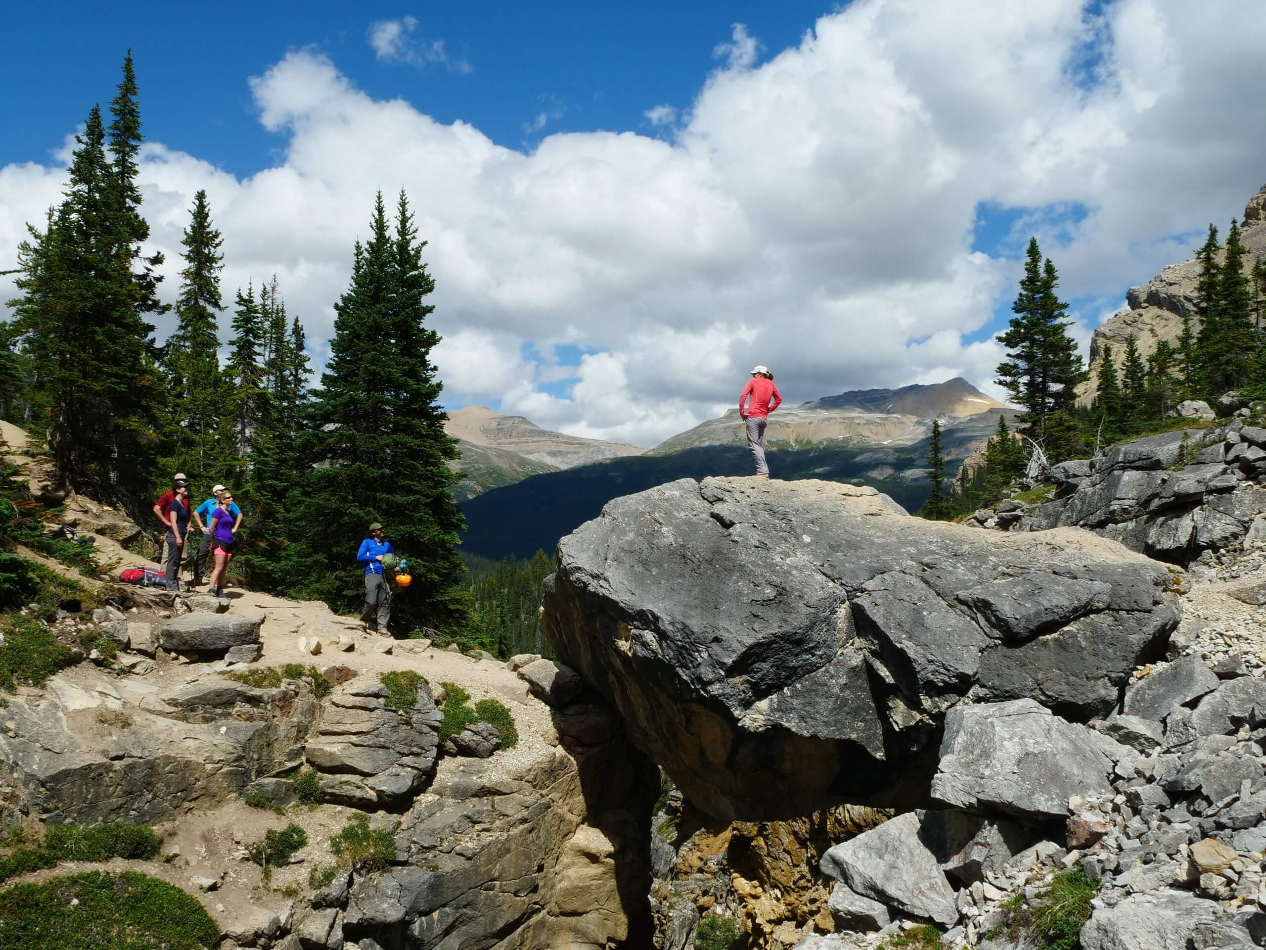 Hikers walking along the Bow Creek towards the Bow Hut