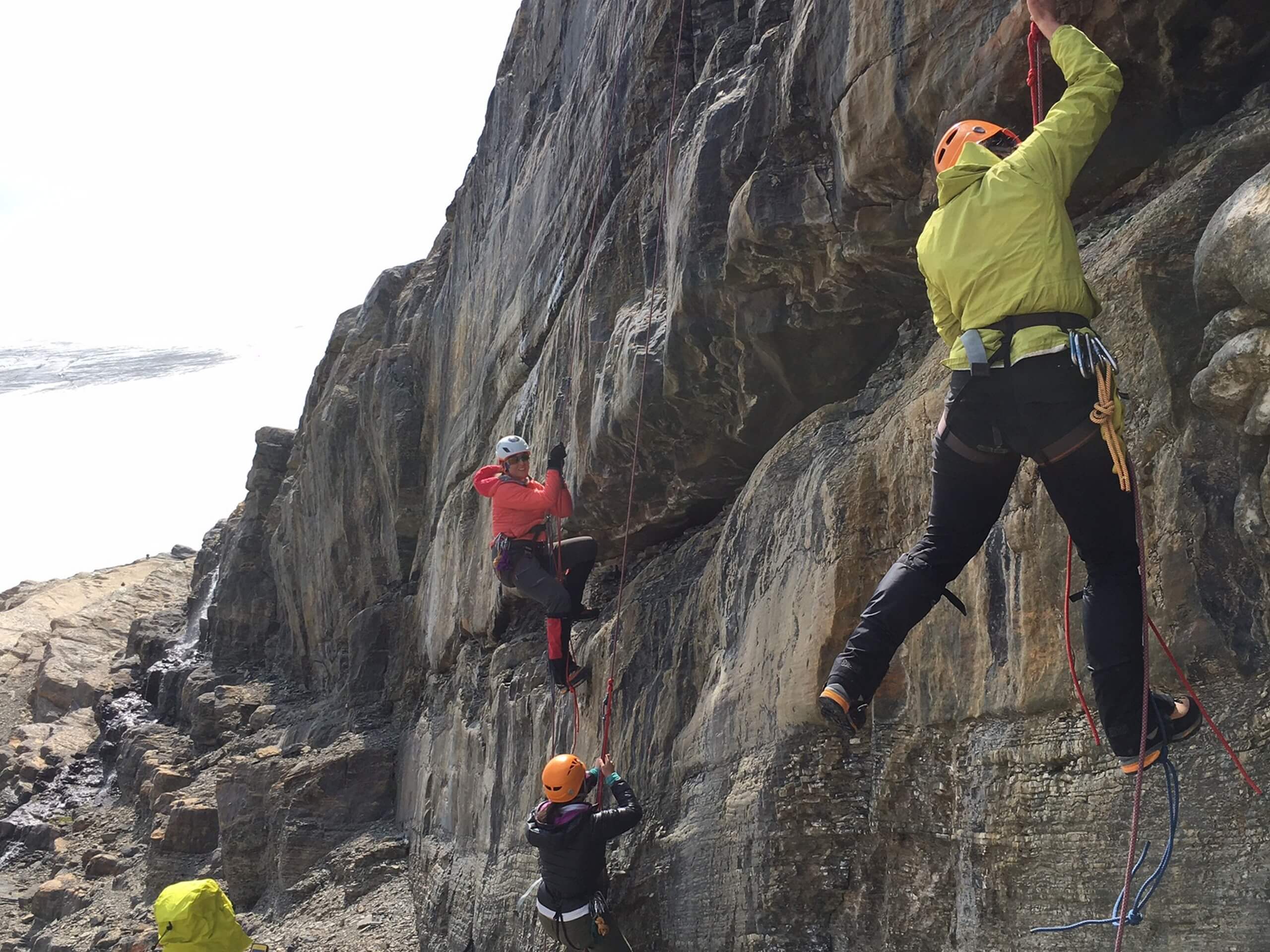 Climbing the rock wall with a group of ladies