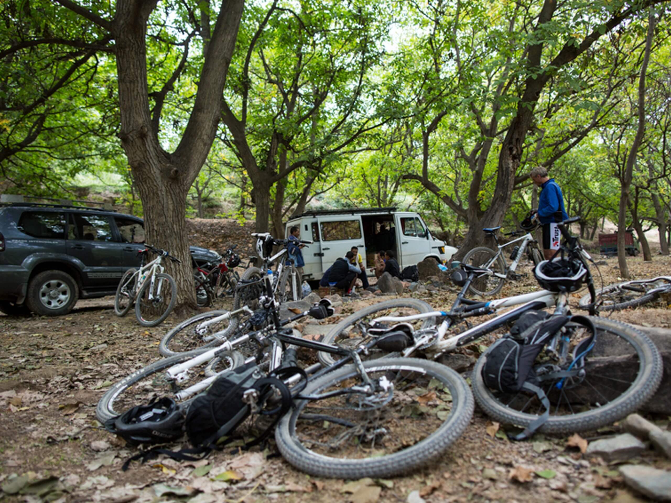 Mountain bikes laying on a ground in Morocco