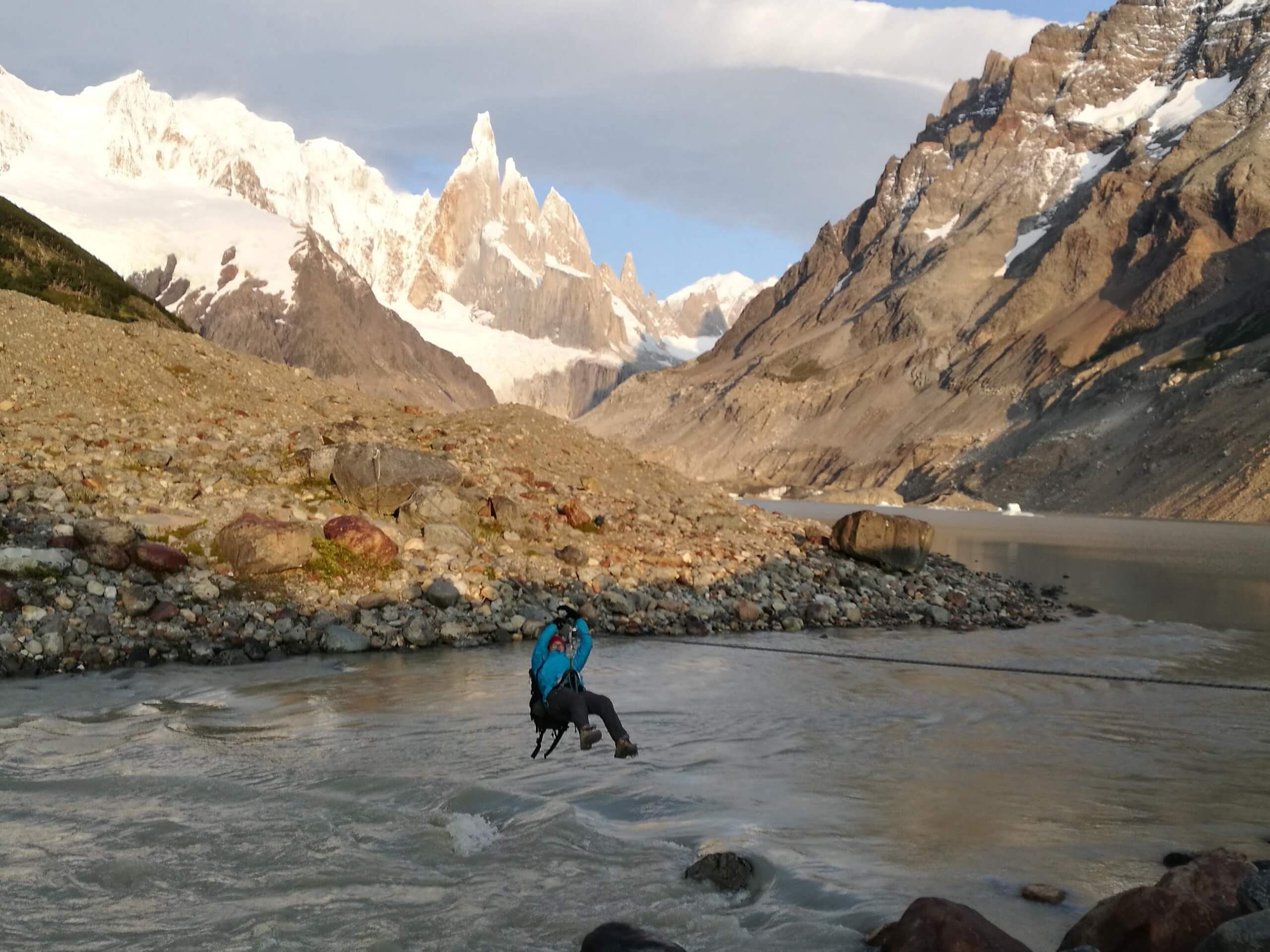 Ziplining over the river in Patagonia