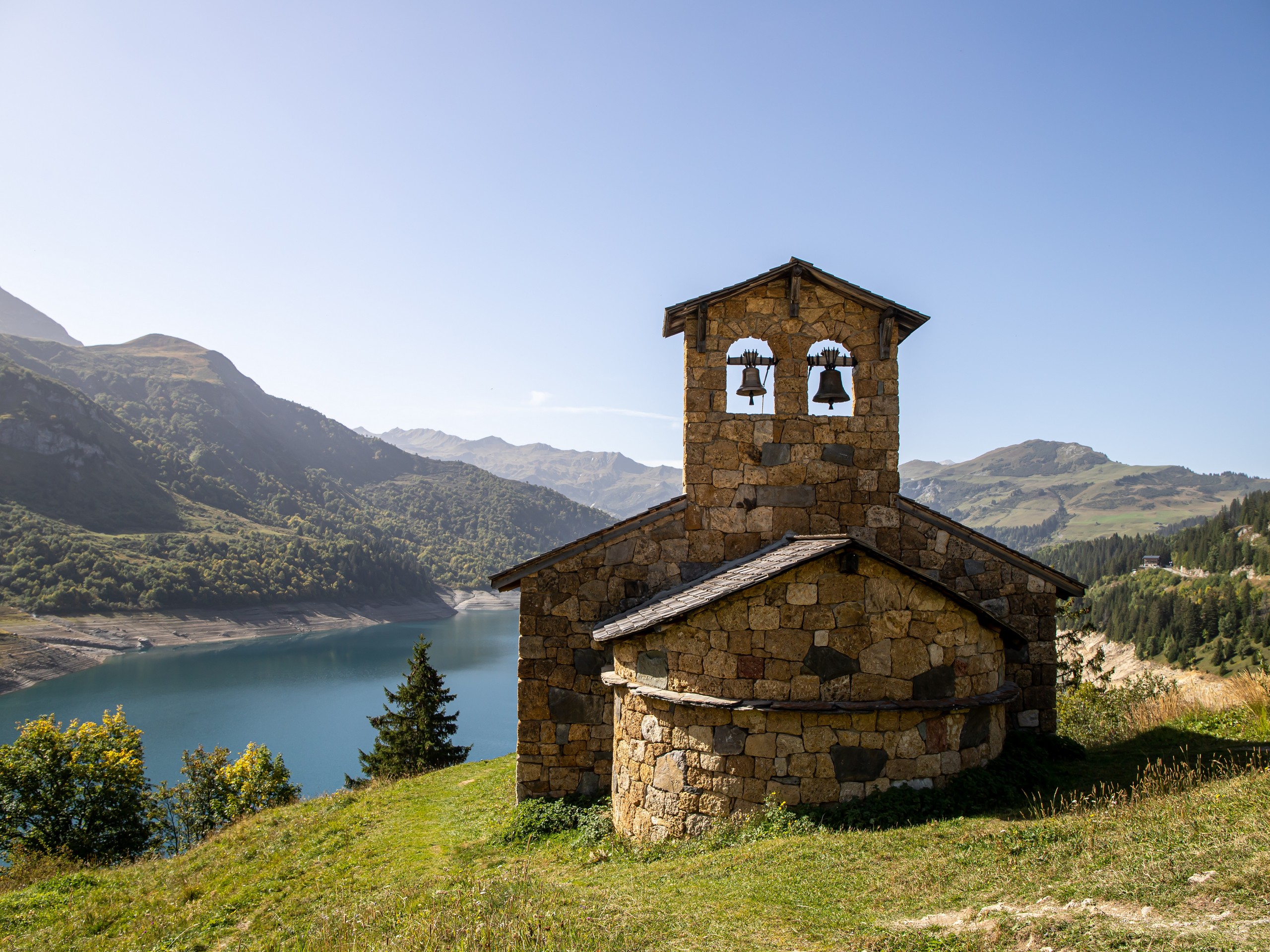 Small chapel surrounded by the stunning mountains near Roselend, Savoie