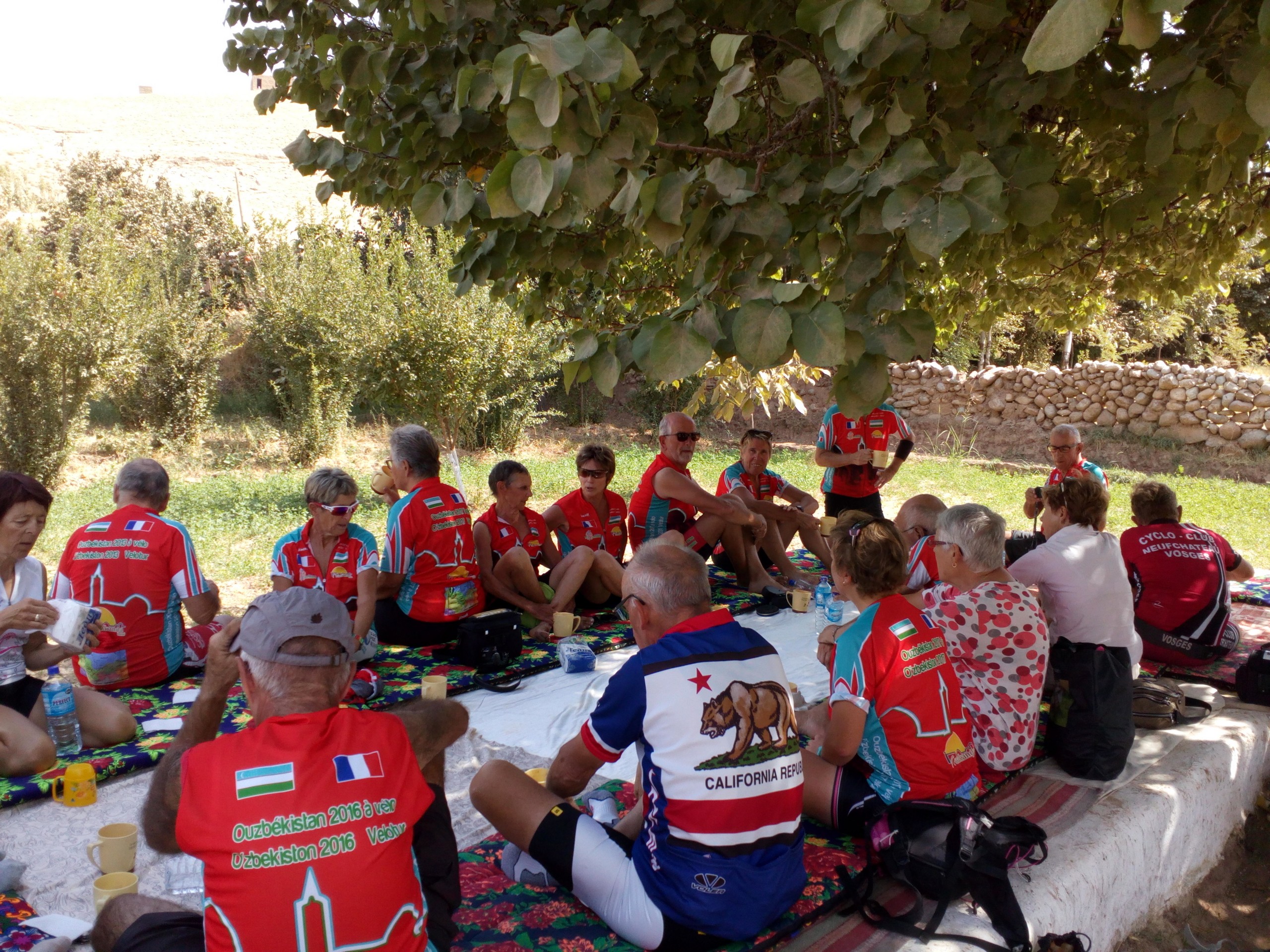 Group of bikers having a lunch break in Uzbekistan