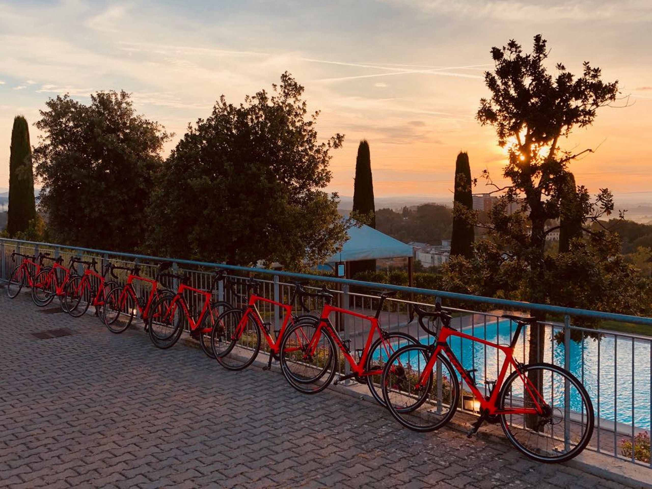 Road bikes lined up along the swimming pool in Italy