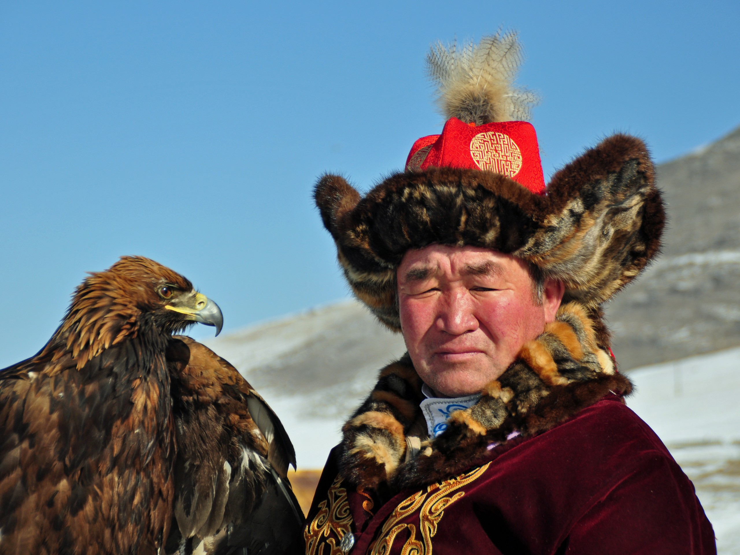 Mongolian man holding a golden eagle