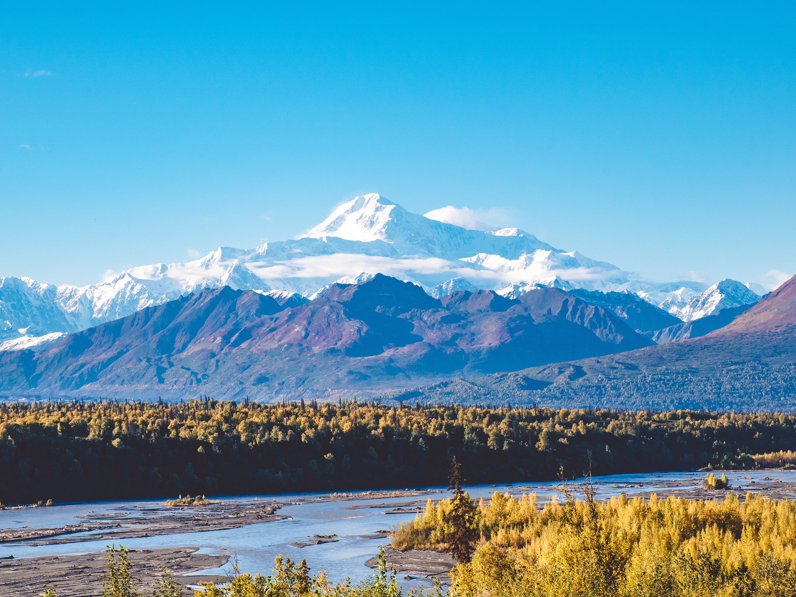 Beautiful river in Alaska with Mount Denali in the background