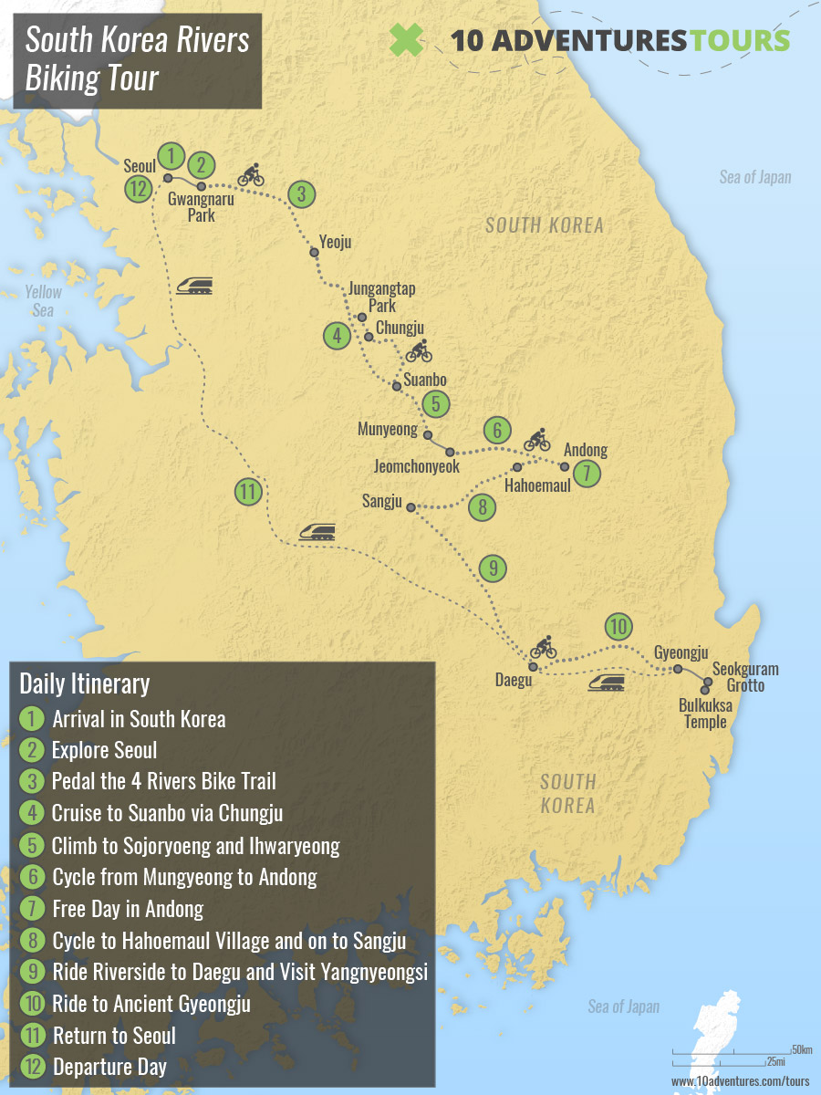 Map of South Korea South Korea Rivers Biking Tour