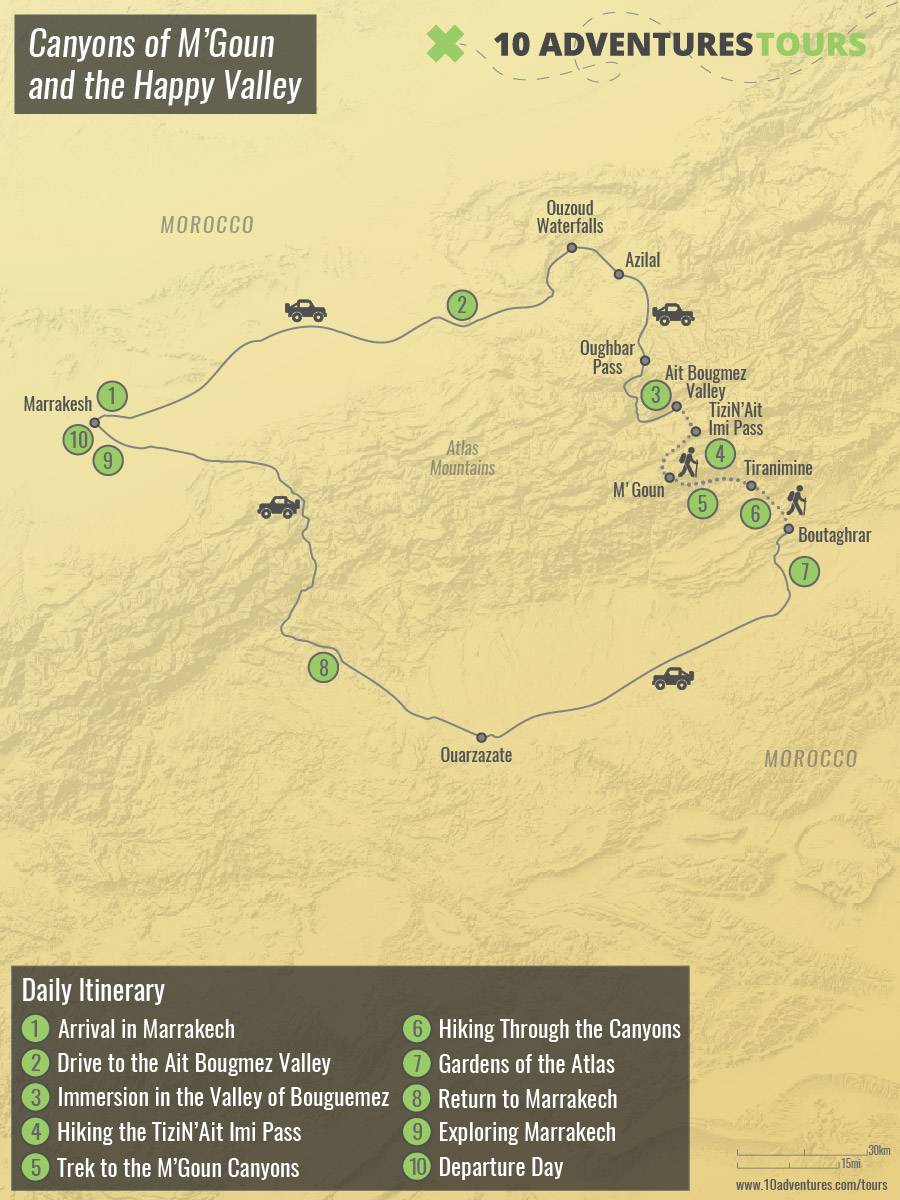 Map of Morocco Canyons Of M’Goun And The Happy Valley Tour