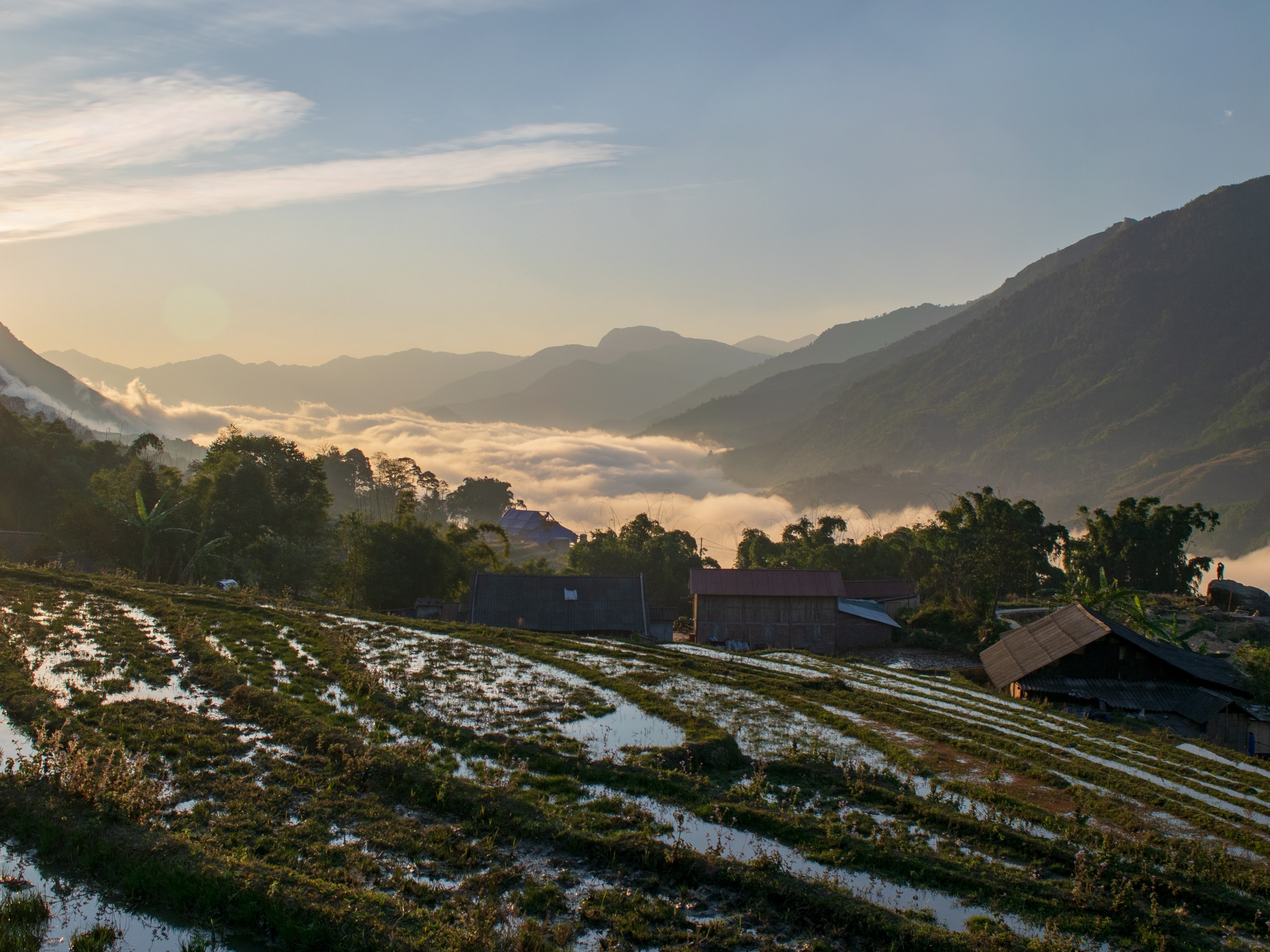 Stunning cloudy valley over the Vietnamese rice fieldds