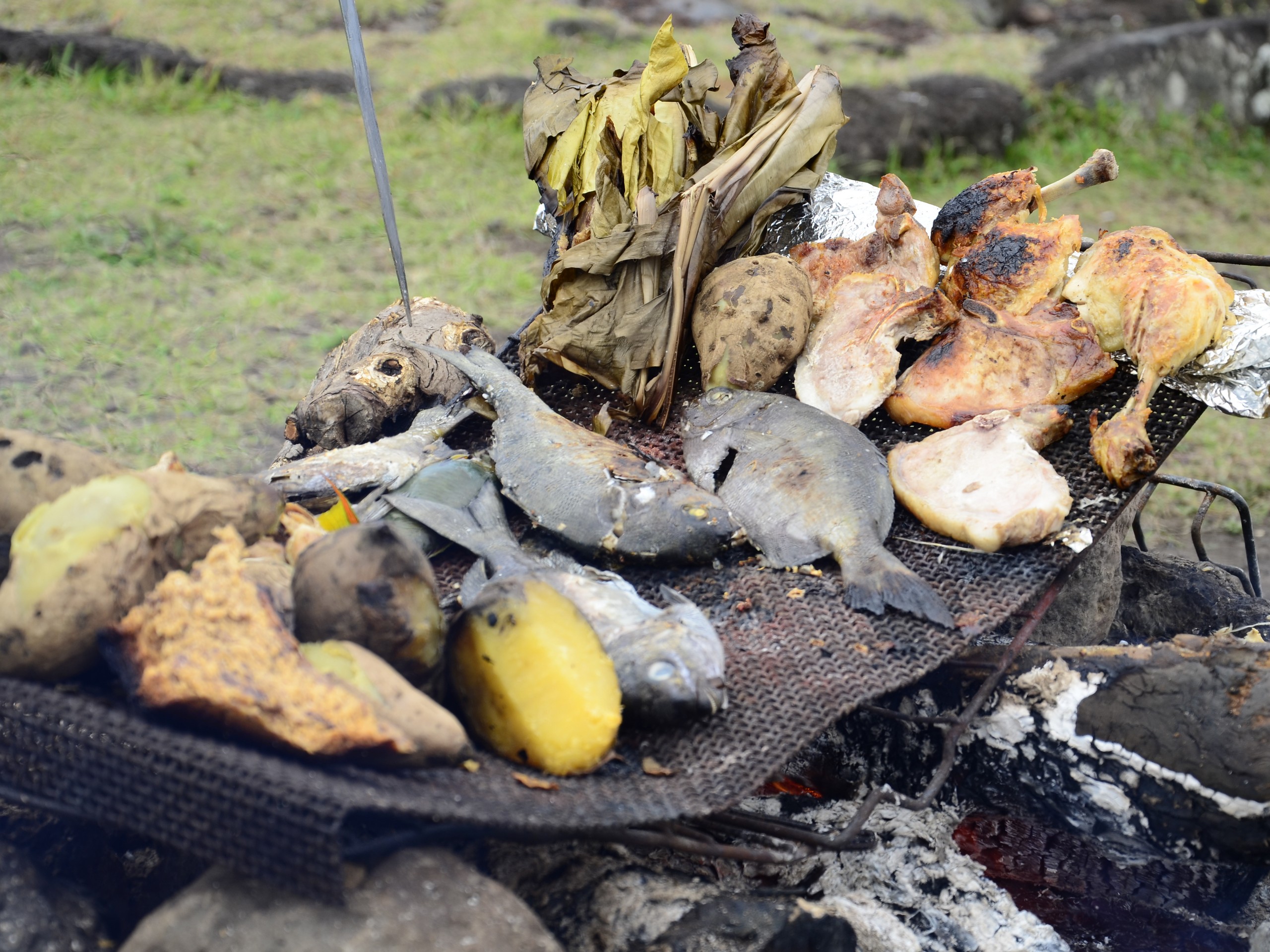 Cooking fish during the guided Easter Island tour