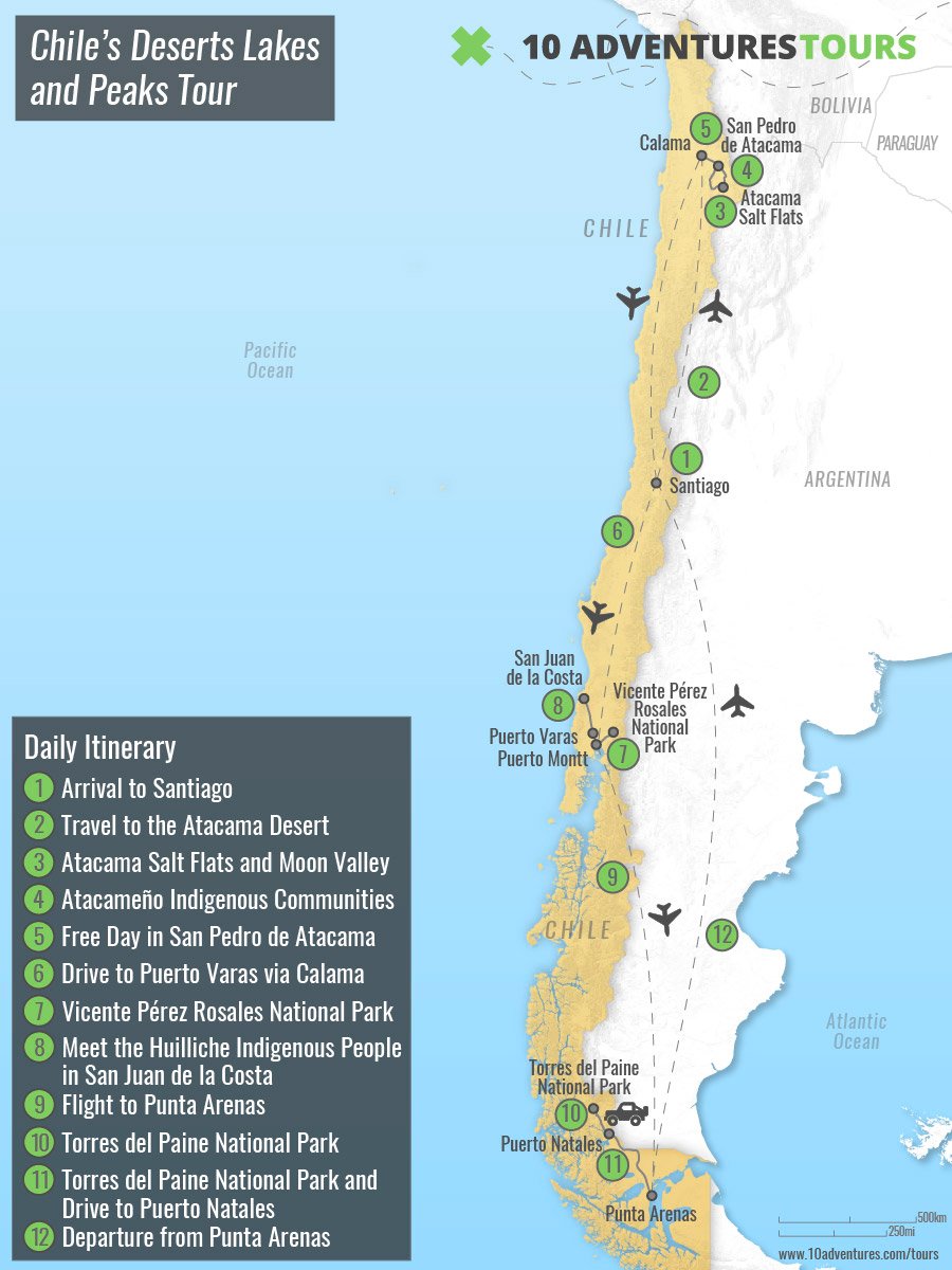 Map of Chile’s Deserts Lakes And Peaks Tour