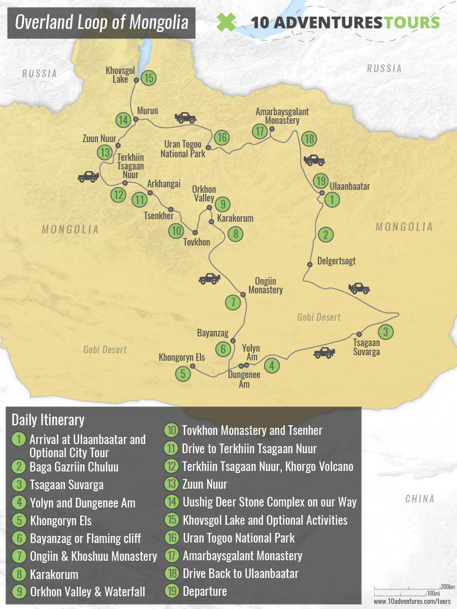 Map of Overland Loop Of Mongolia Tour