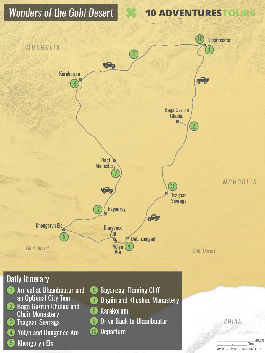 Map of Wonders Of The Gobi Desert Tour