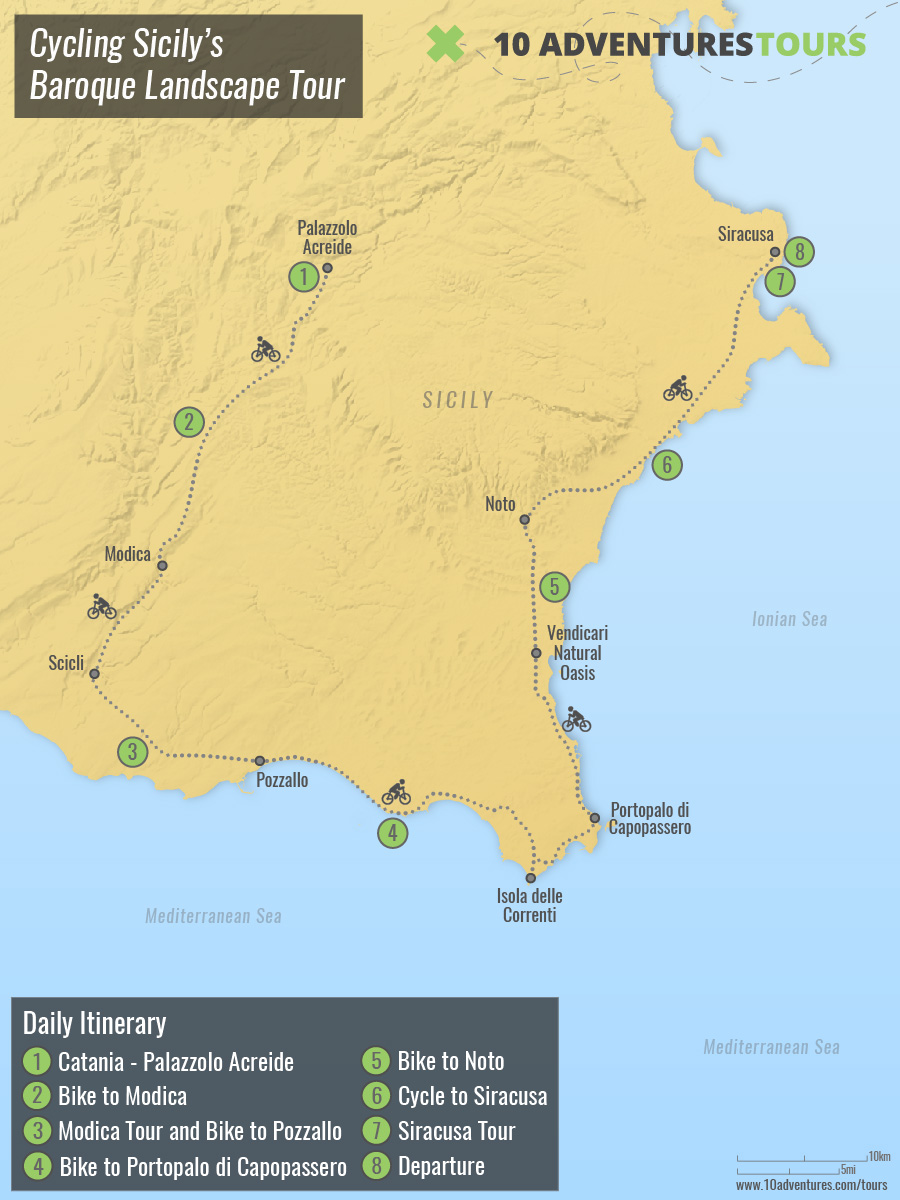 Map of Cycling Sicily’s Baroque Landscape Tour