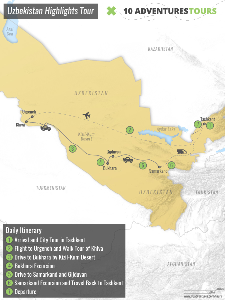 Map of Uzbekistan Highlights Tour