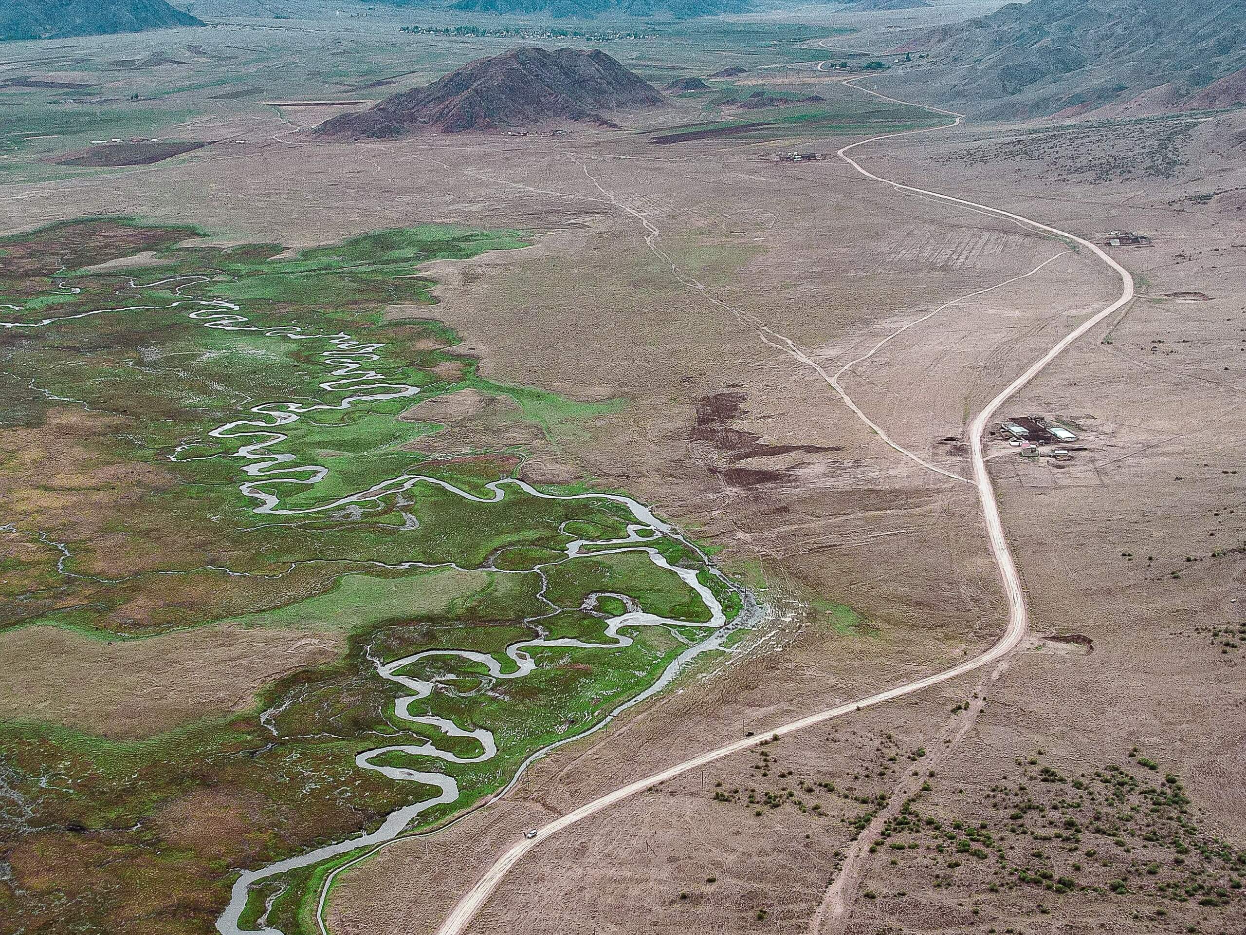 Aerial view of the gravel path in Northern Kyrgyzstan