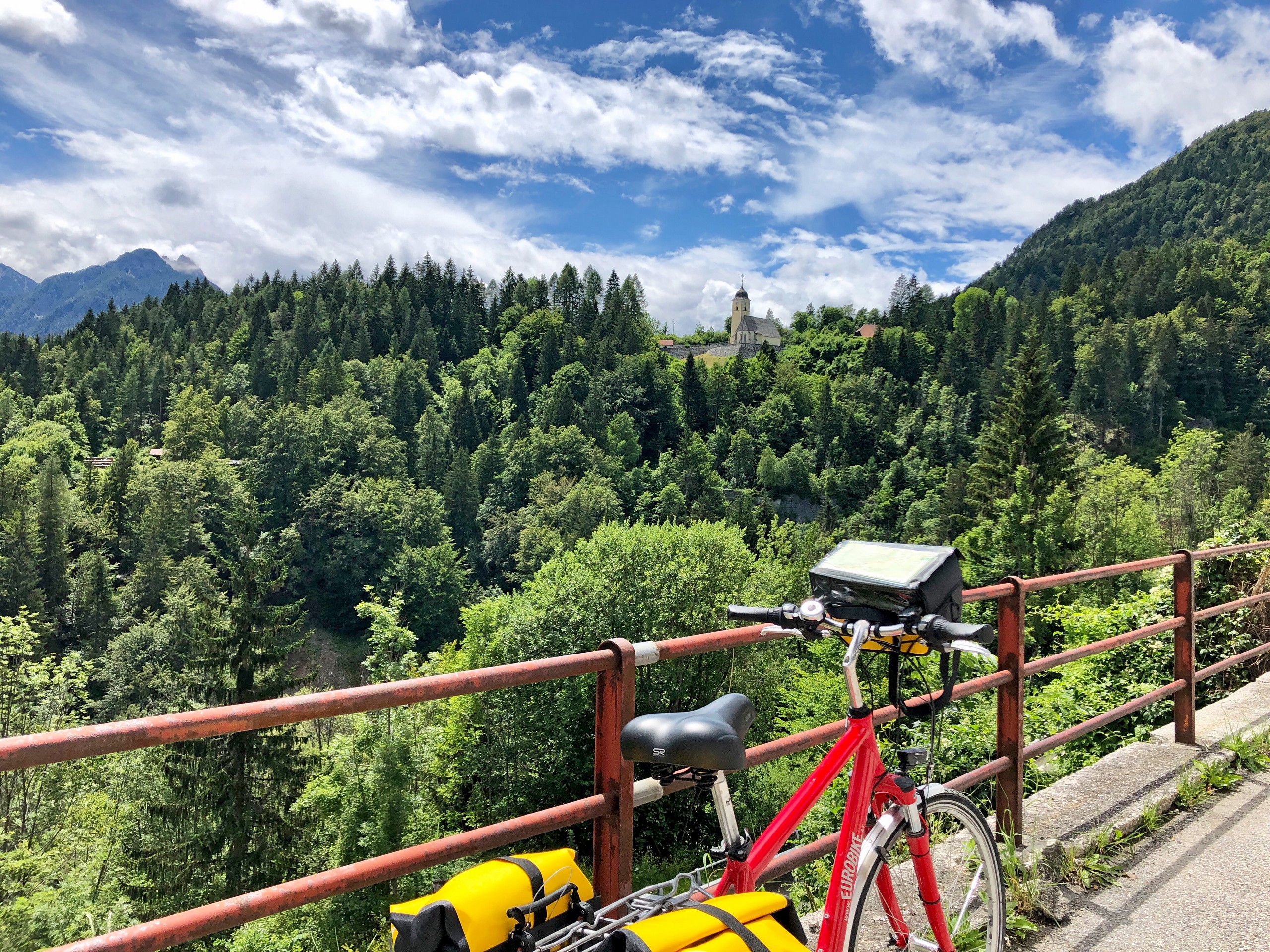 Looking at a beautiful church from Alpe Adria trail