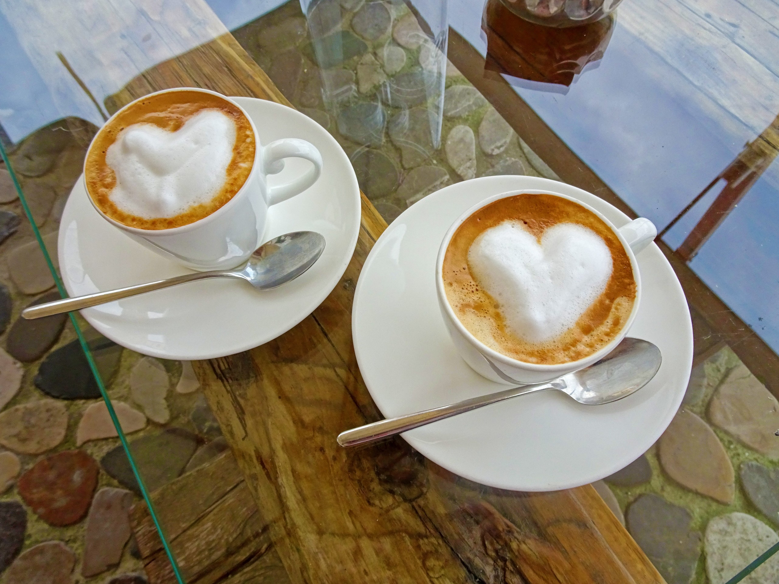 Two beautifully-done cappuchino coffees